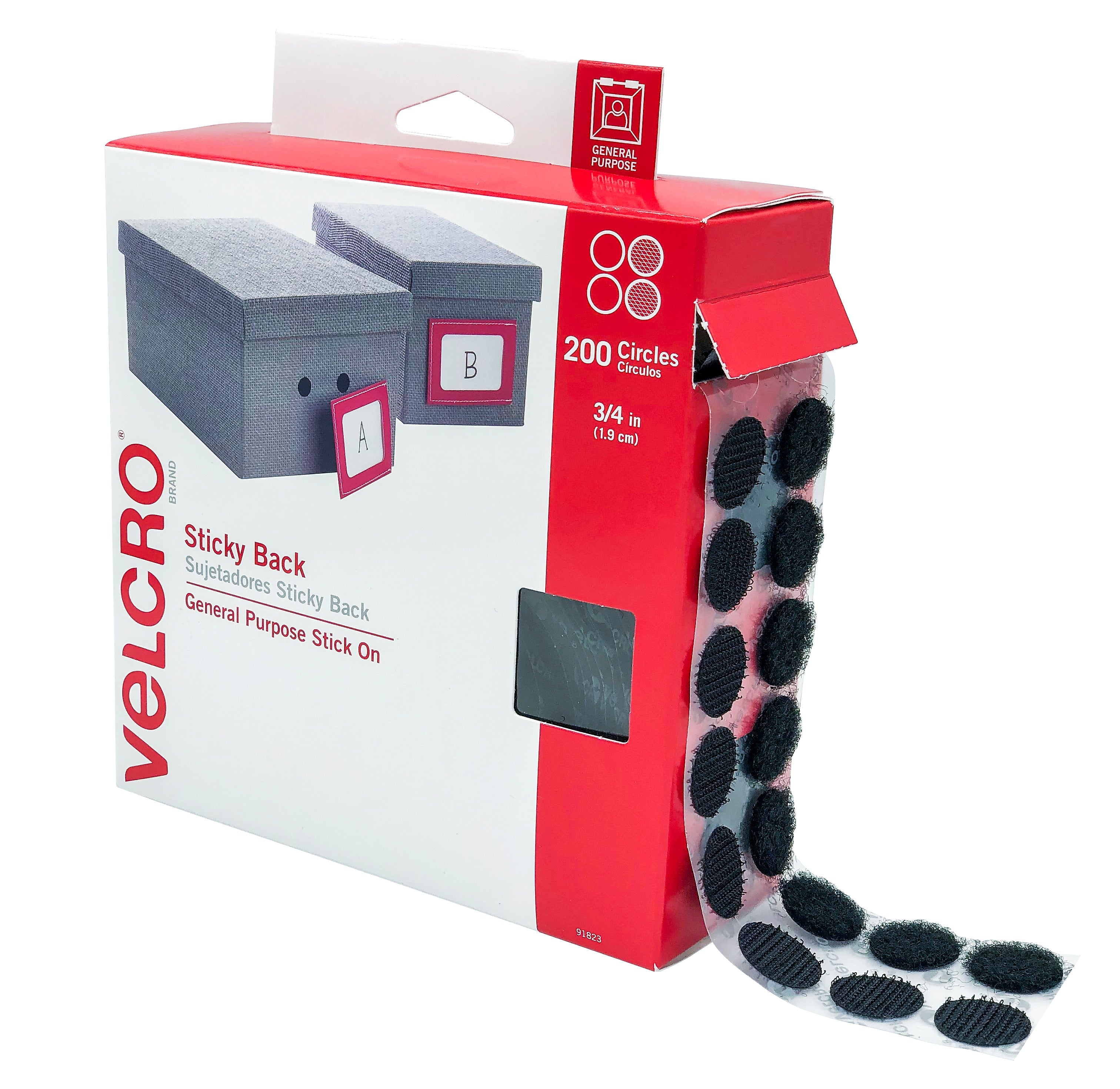 Velcro Dots Sticky Back Hook & Loop Fastener, 3/4" Dia., Black, 200/Pack (91823)