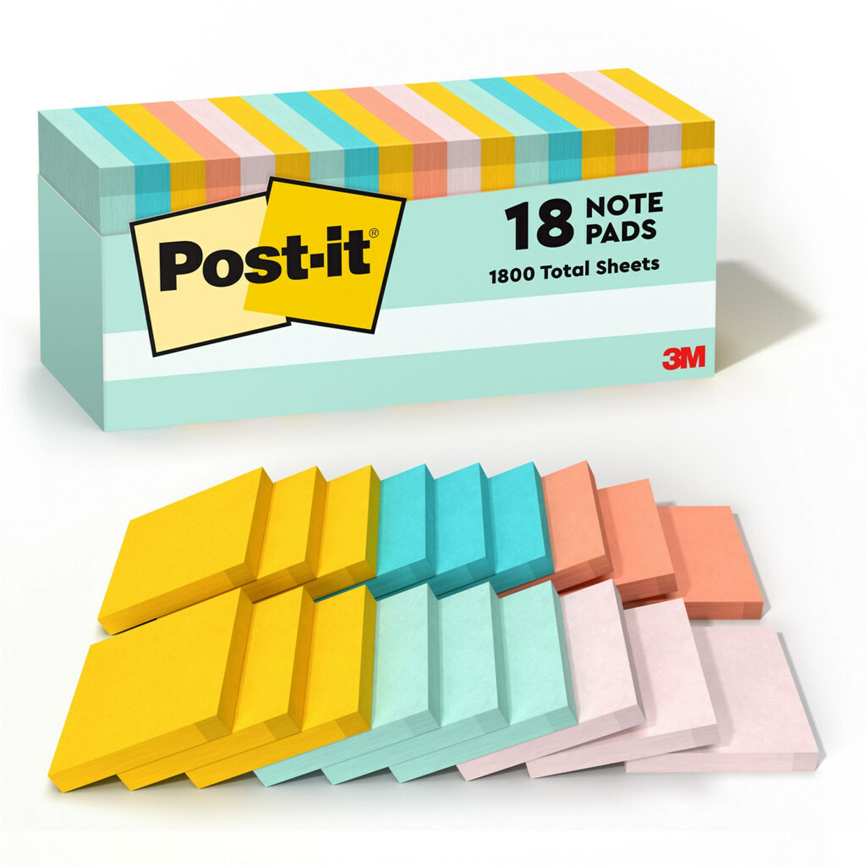 Post-it Sticky Note, 3" x 3", Beachside Café Collection, 100 Sheets/Pad, 18 Pads/Pack (654-18APCP)