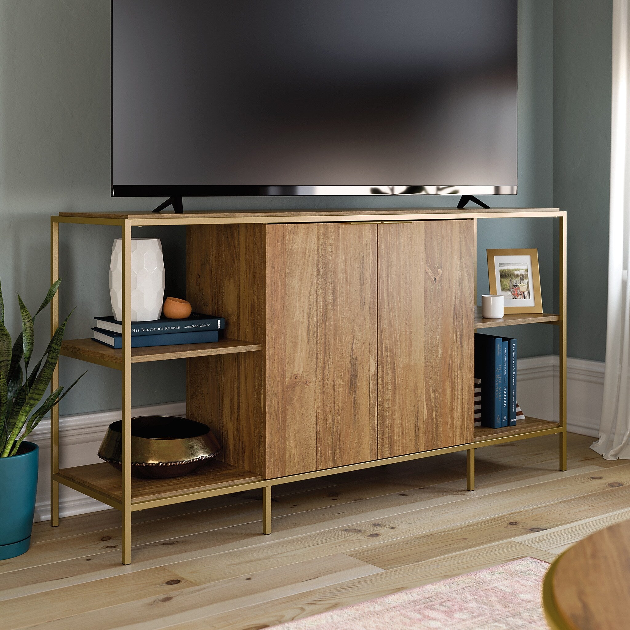 Sauder International Lux Credenza TV Stand, Screens up to 65", Sindoori Mango (428195)
