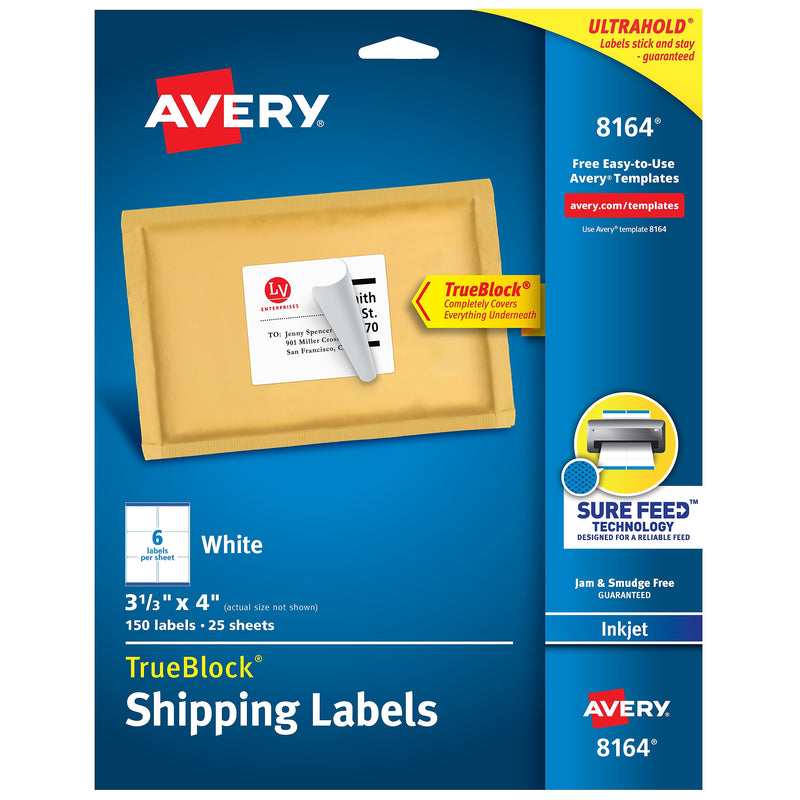 Avery TrueBlock Inkjet Shipping Labels, 3-1/3" x 4", White, 150 Labels/Pack (8164)