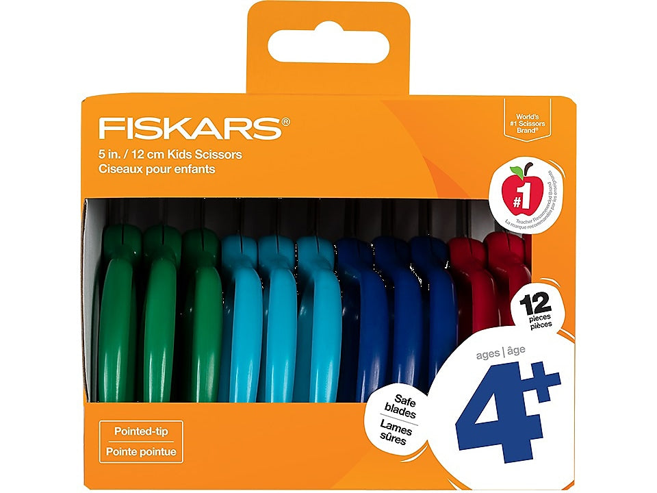 Fiskars Kids' Scissors, Pointed Tip, Assorted Colors, 12/Pack (1067002)