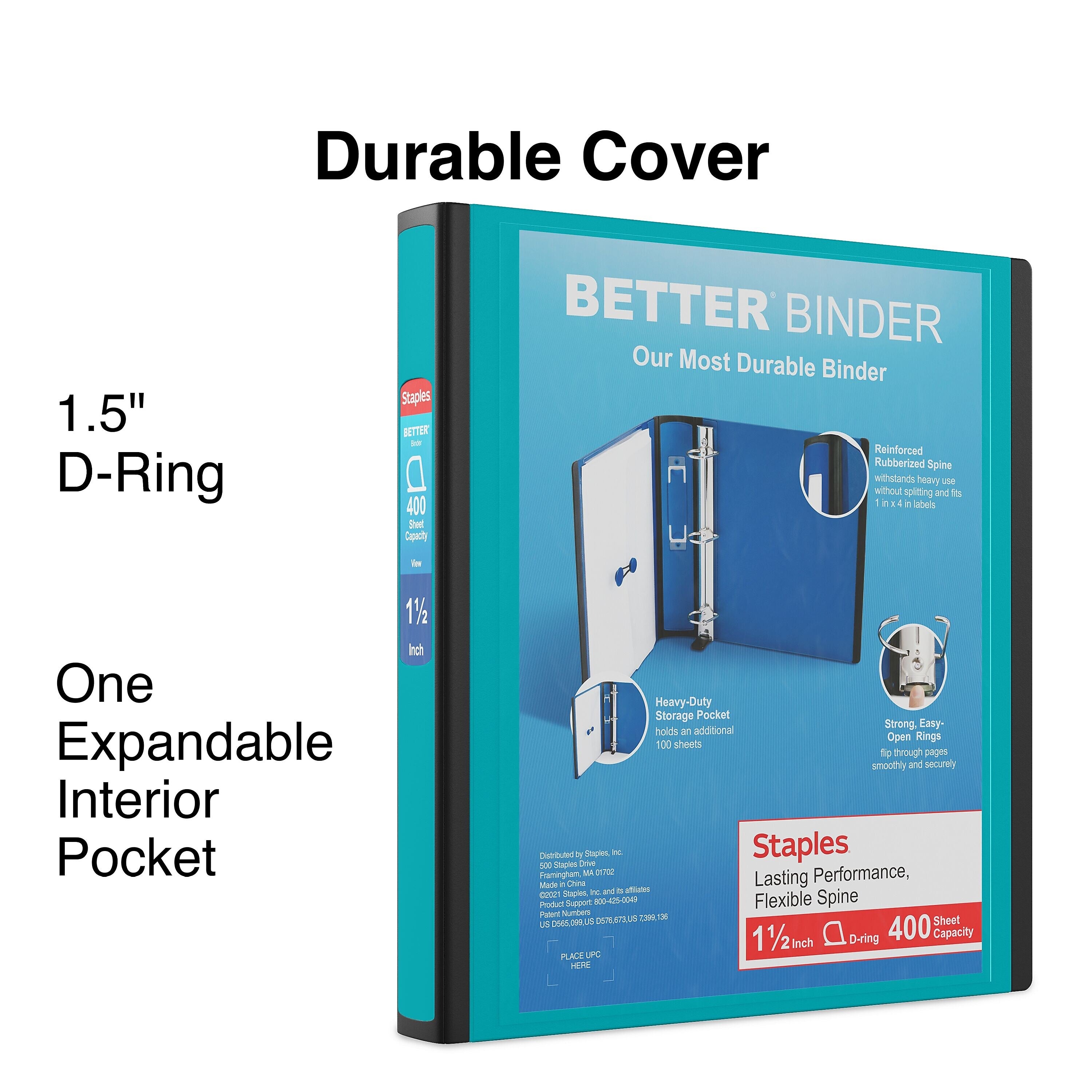 Staples 1 1/2" 3-Ring Better Binder, D-Ring, Teal (ST55858-CC)