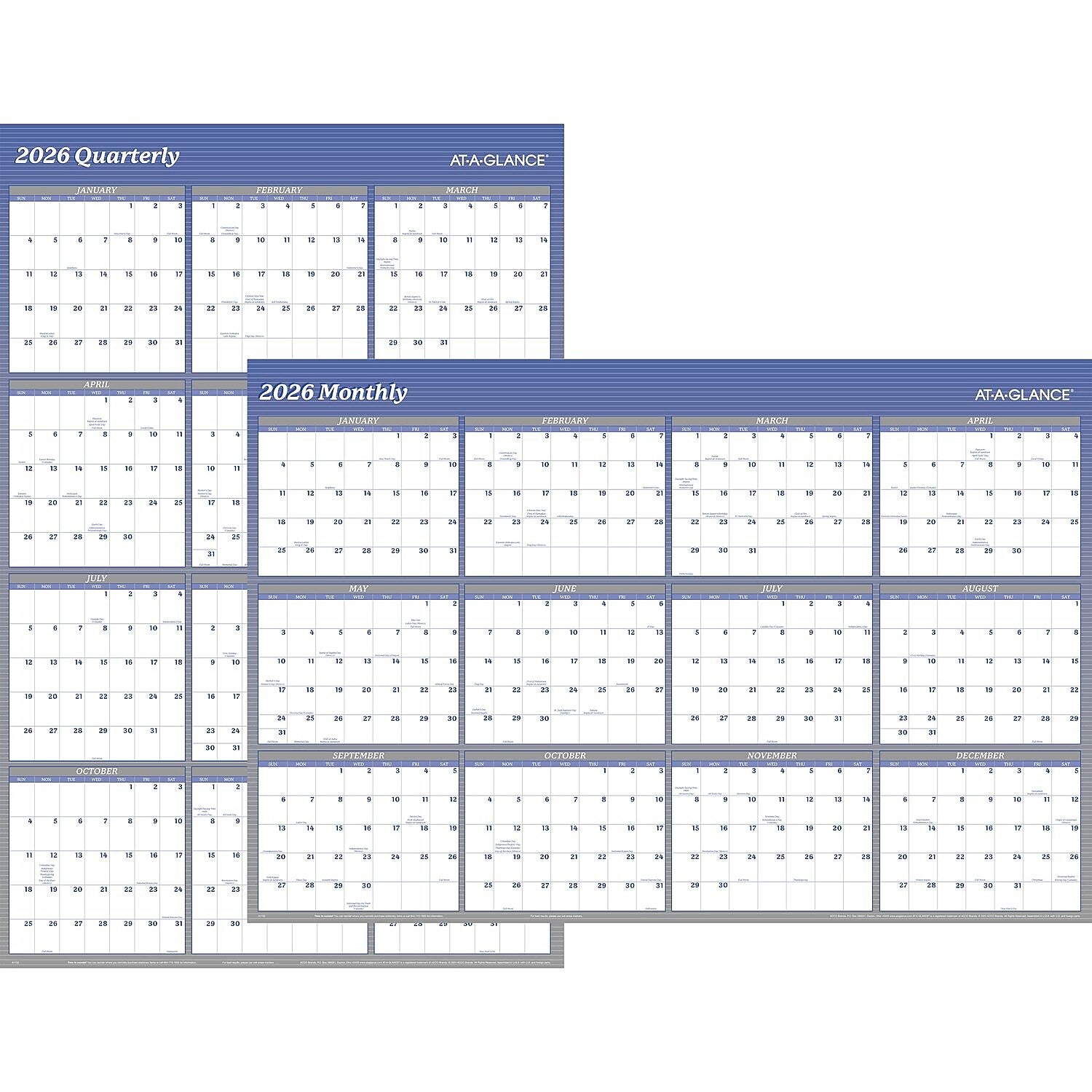 2026 AT-A-GLANCE 48" x 32" Yearly Dry Erase Wall Calendar, Reversible, White/Blue (A1152-26)