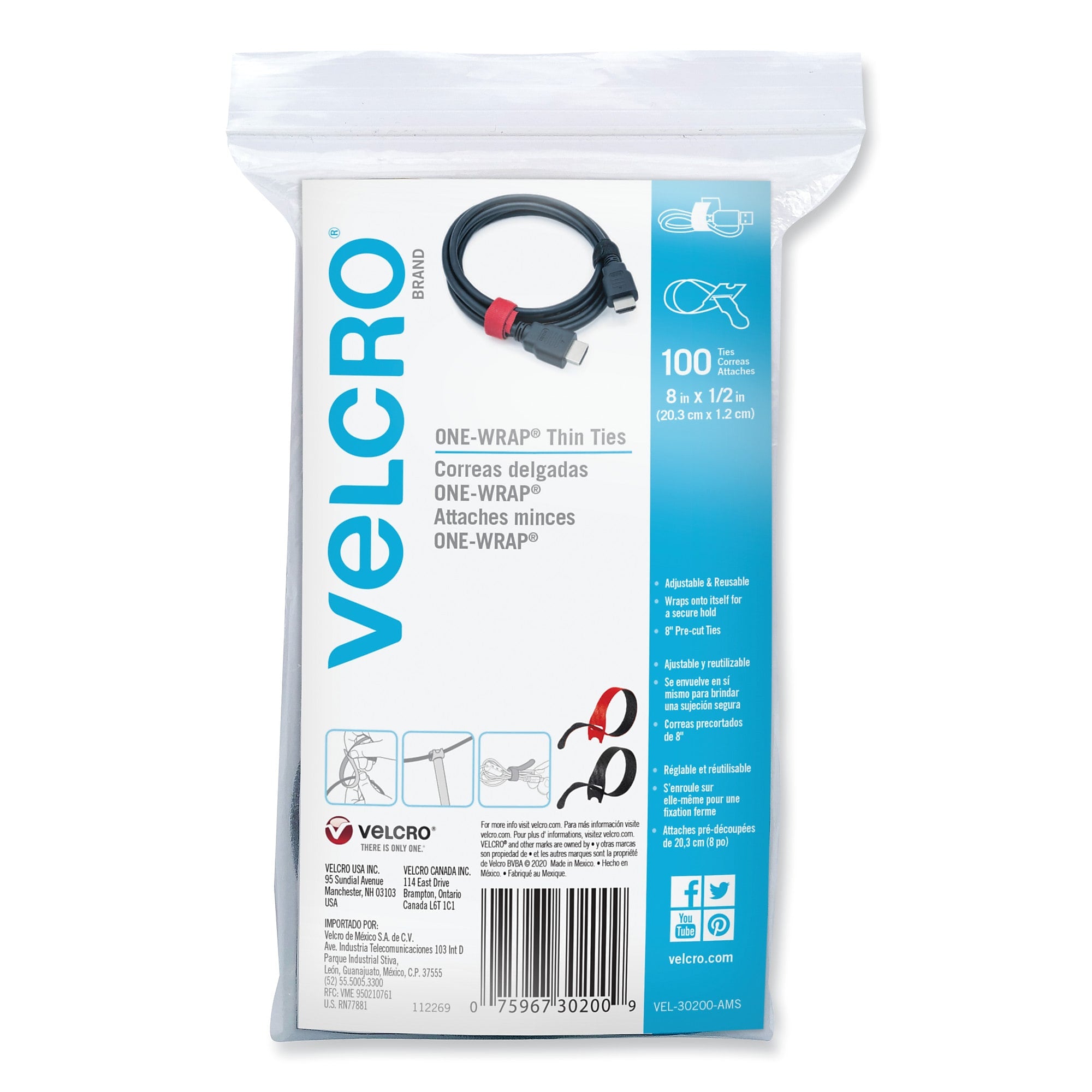 VELCRO® Brand ONE-WRAP Ties and Straps, 0.5" x 8", Black;Red, 100/Pack