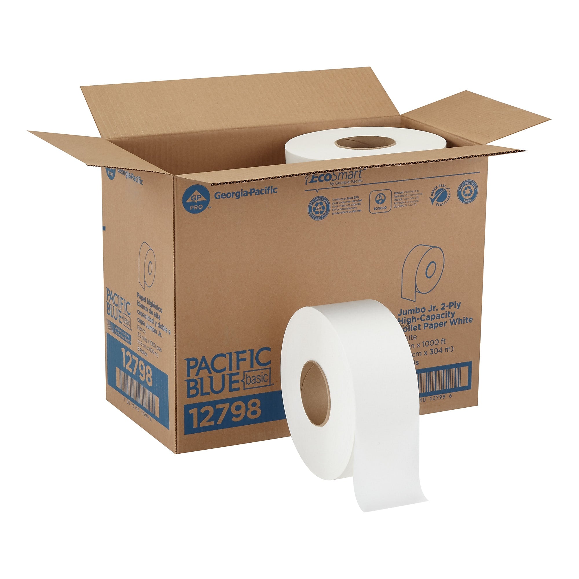 Georgia Pacific Blue Basic Recycled Jumbo Jr. Toilet Paper, 2-Ply, White, 1000 ft./Roll, 8 Rolls/Carton (12798)