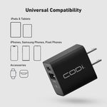 CODi 20W Dual Port Wall Charger, USB-C & USB-A Outputs, Black (A01102)