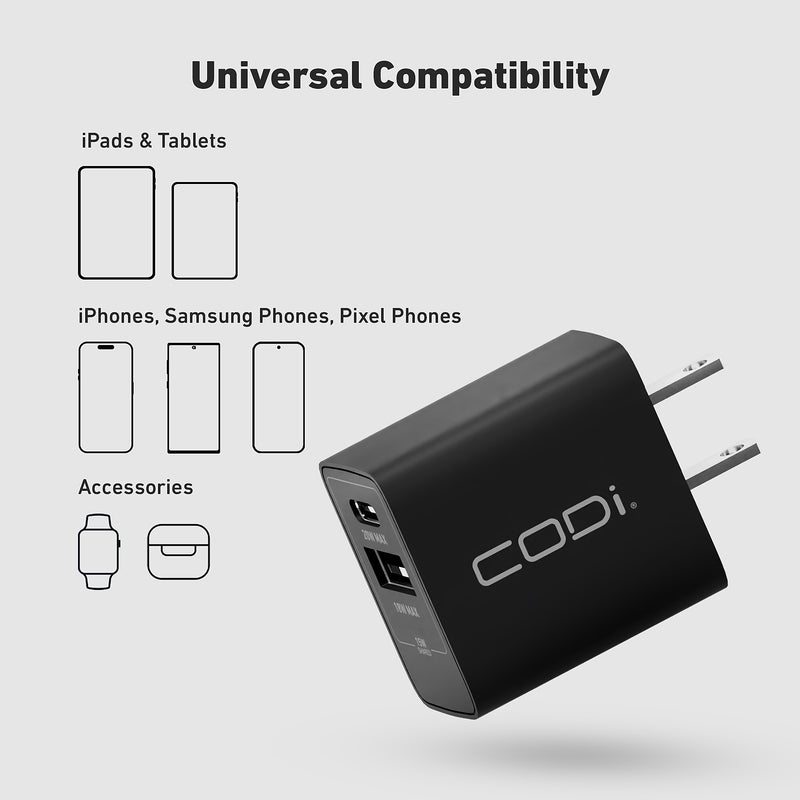 CODi 20W Dual Port Wall Charger, USB-C & USB-A Outputs, Black (A01102)