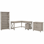 Bush Furniture Key West 60"W L Shaped Desk with File Cabinets and 5 Shelf Bookcase, Washed Gray (KWS017WG)