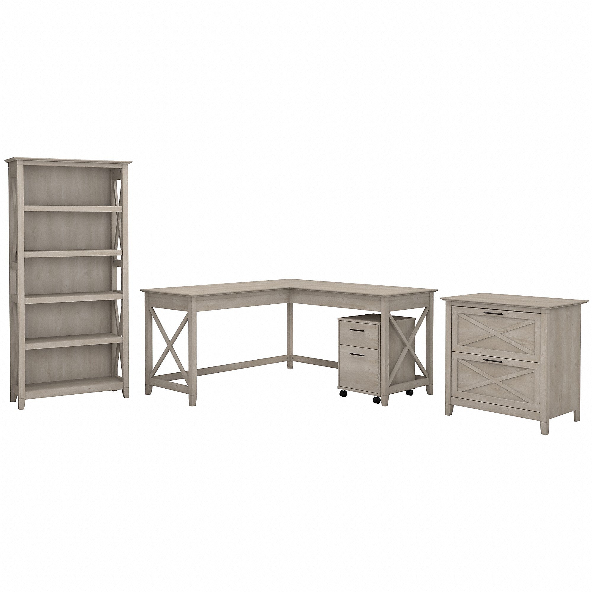 Bush Furniture Key West 60"W L Shaped Desk with File Cabinets and 5 Shelf Bookcase, Washed Gray (KWS017WG)