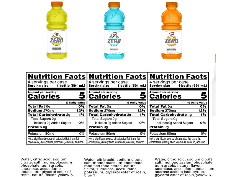 Gatorade Zero Sugar-Free Assorted Flavors Hydration Drink, 20 oz., 12 Bottles/Carton (05887)