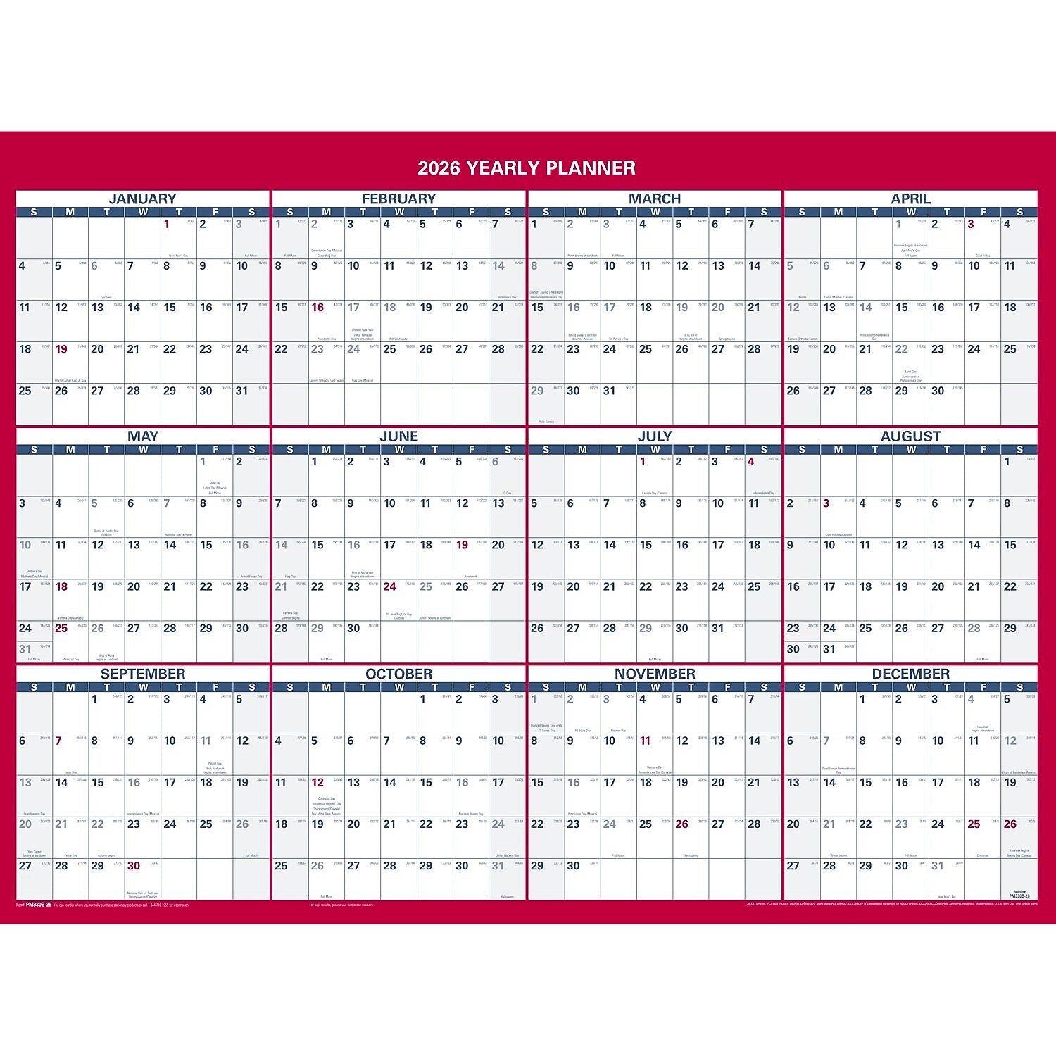 2026 AT-A-GLANCE 16" x 12" Yearly Wet-Erase Wall Calendar, Reversible, White/Red (PM330B-28-26)