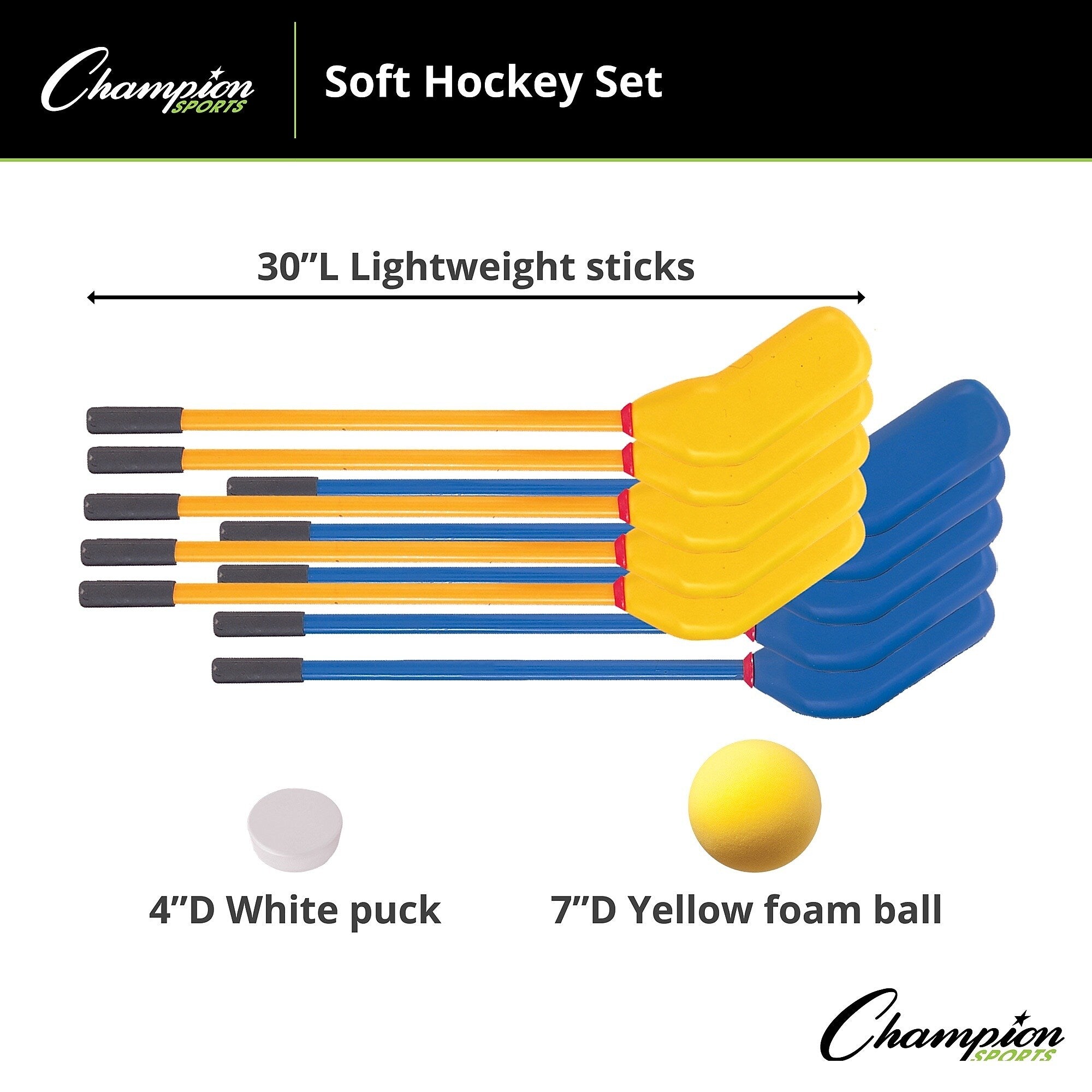 Champion Sports Soft Hockey Set, Blue/Yellow, 12/Set (CHSHS10SET)