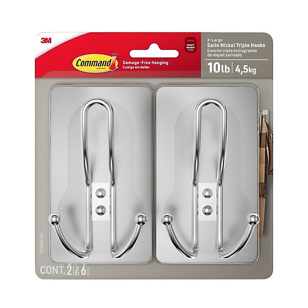 Command Extra Large Hook, 10lb., Satin Nickel, 2/Pack (17038SN-2ES)
