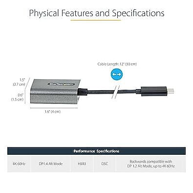 StarTech USB C to DisplayPort Adapter, 8K/4K 60Hz USB-C to DisplayPort 1.4 Adptr, DSC, USB Type-C to DP Vid Convtr, w/12" Cable