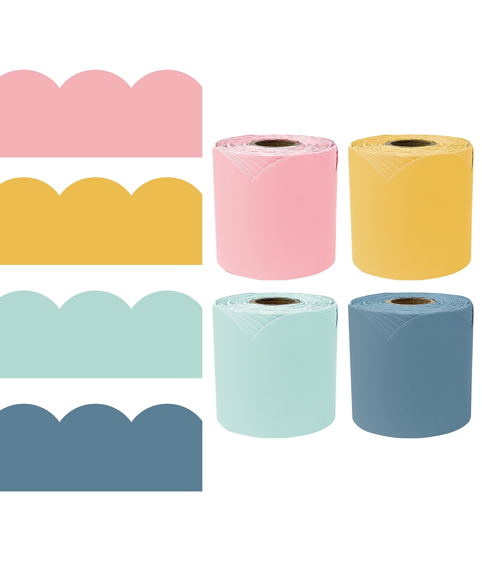 Carson Dellosa Rolled Scalloped Borders, 3" x 65', Happy Day, 4/Pack (145413)