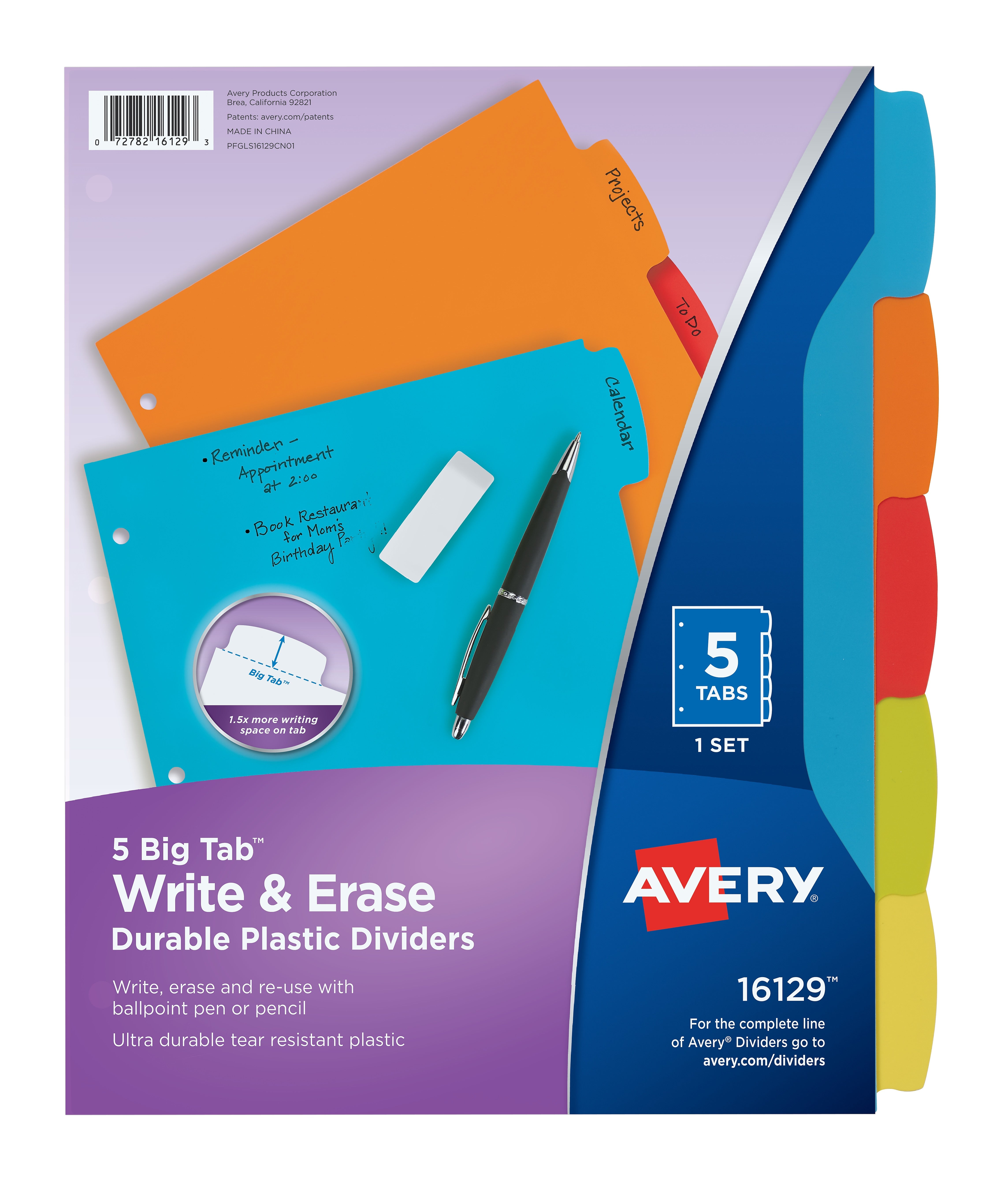 Avery Big Tab Write & Erase Plastic Dividers, 5 Tabs, Bright Multicolor (16129)