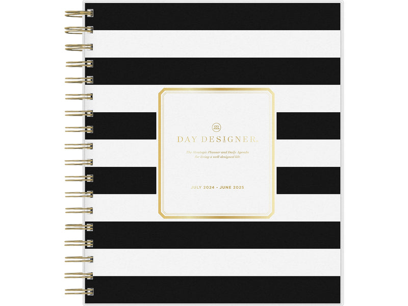 2024-2025 Blue Sky Day Designer Rugby Stripe 8" x 10" Academic Daily Planner, Plastic Cover, White/Black (137885-A25)