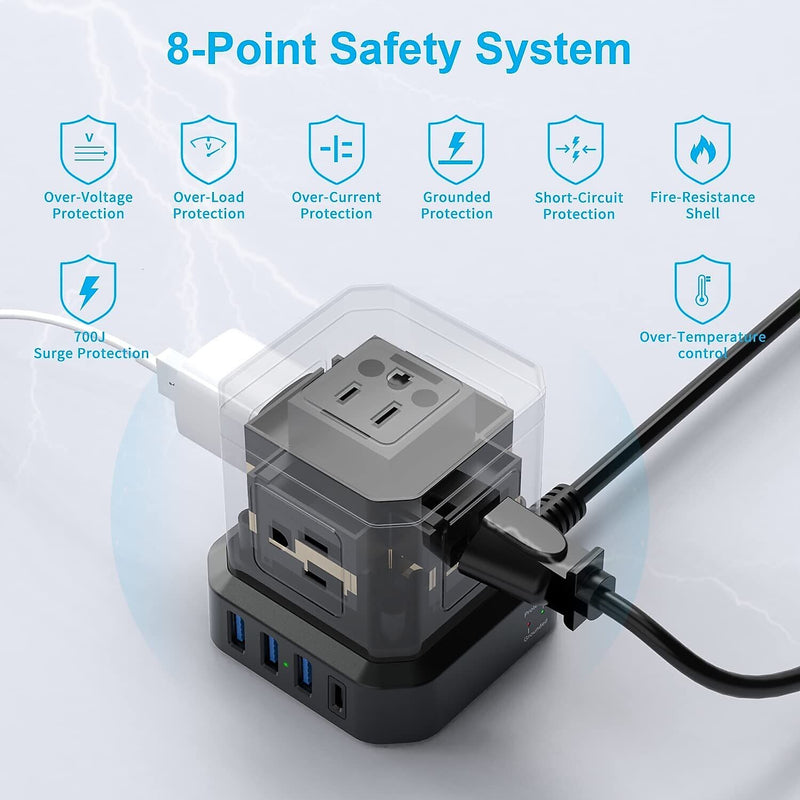 Uncaged Ergonomics Cube 5-Outlet 4-USB Port Surge Protector, 10', Black (PC-b-c)