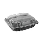 Pactiv Evergreen EarthChoice Vented Microwavable Hinged Lid Container, 3-Compartment Base/Lid, 34 oz, Blk/Clr, Plastic, 132/CT