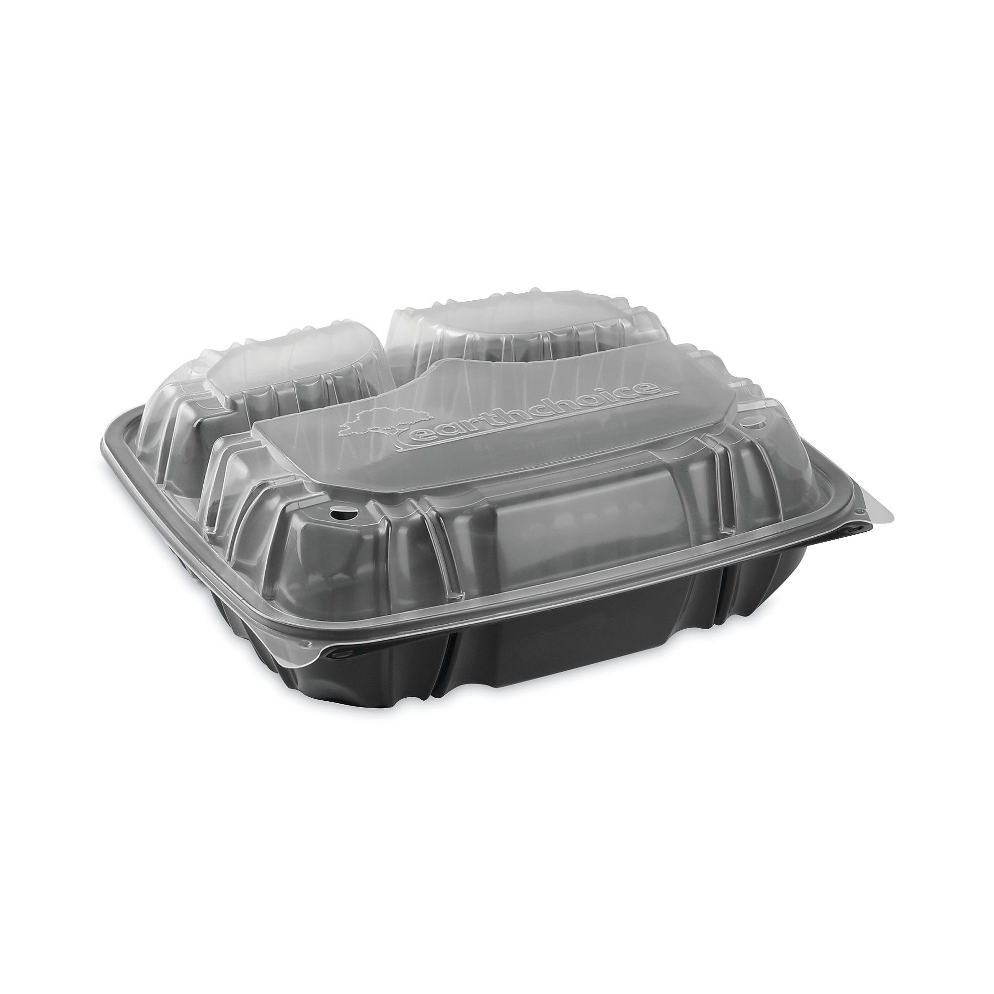 Pactiv Evergreen EarthChoice Vented Microwavable Hinged Lid Container, 3-Compartment Base/Lid, 34 oz, Blk/Clr, Plastic, 132/CT