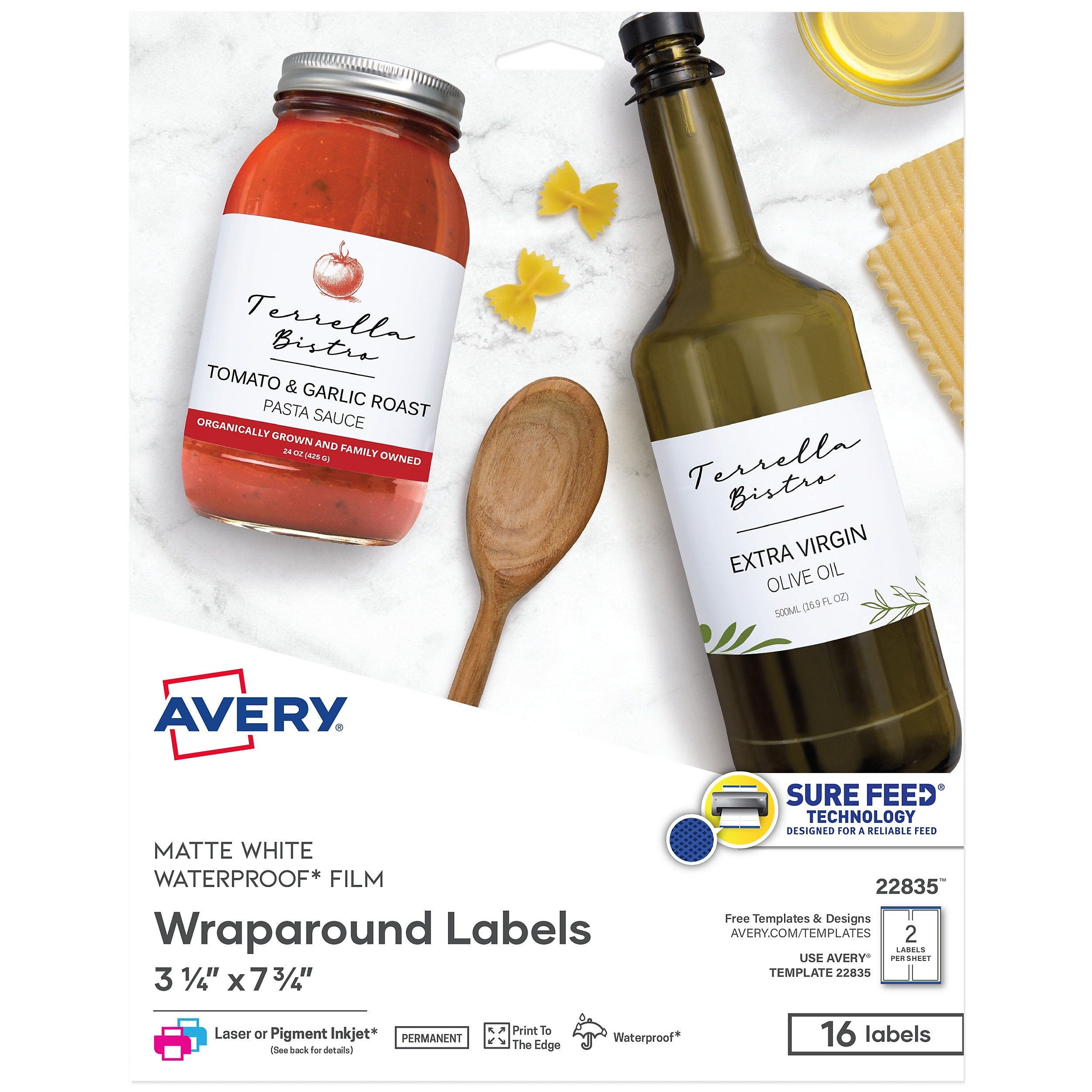 Avery Waterproof Wraparound Laser/Pigment-Inkjet Rectangle Labels, 3 1/4" x 7 3/4", White, 16 Labels/Pack (22835)