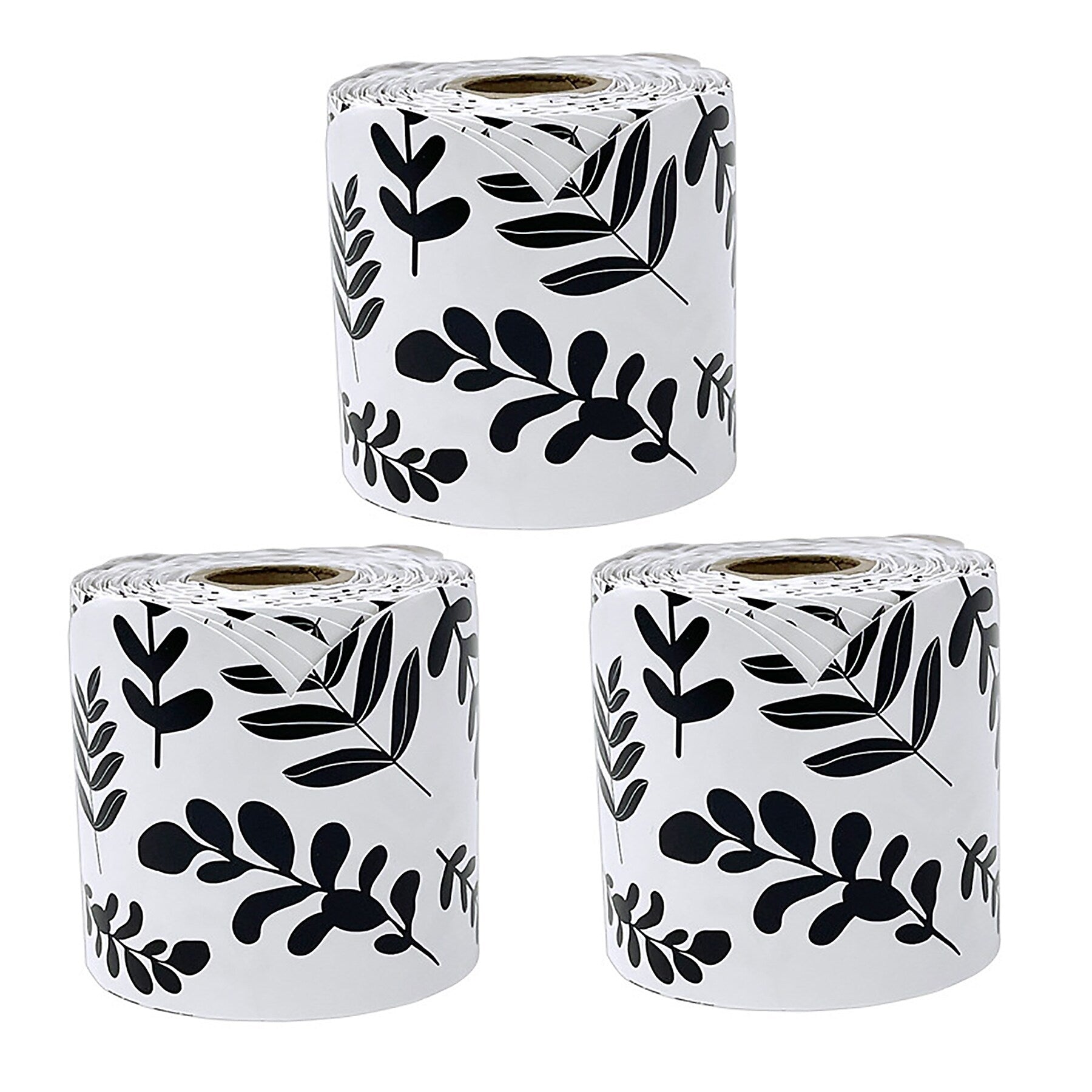 Carson Dellosa Education Rolled Scalloped Borders, 3"x 65', White with Black Leaves, 3/Bundle (CD-108497-3)