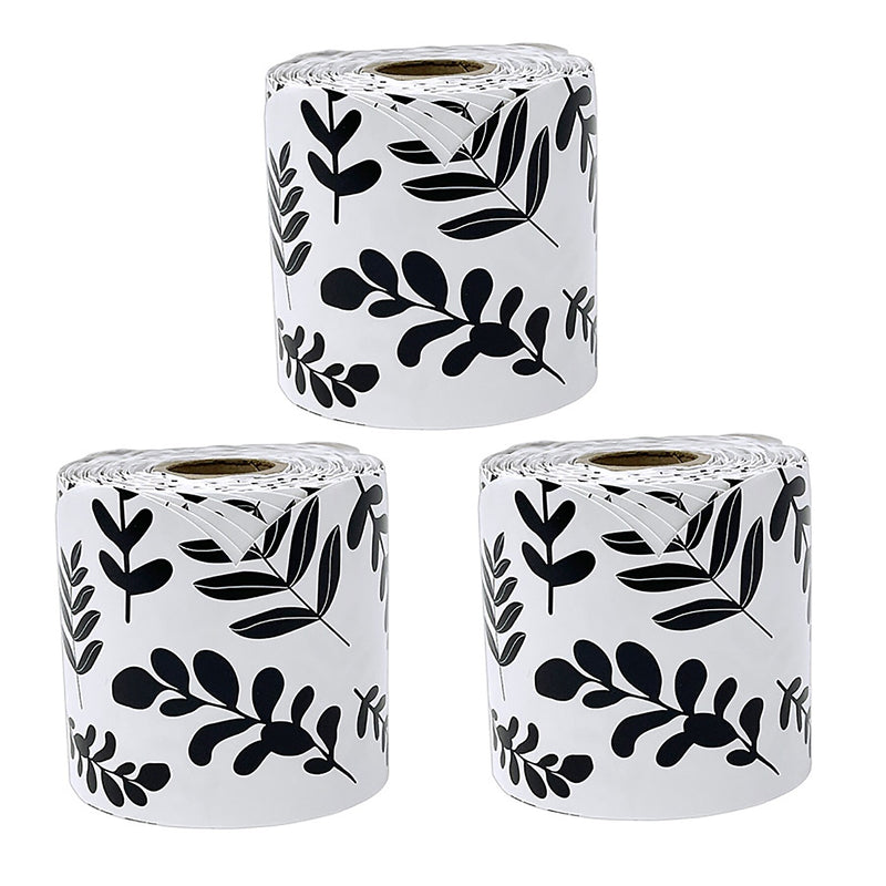 Carson Dellosa Education Rolled Scalloped Borders, 3"x 65', White with Black Leaves, 3/Bundle (CD-108497-3)