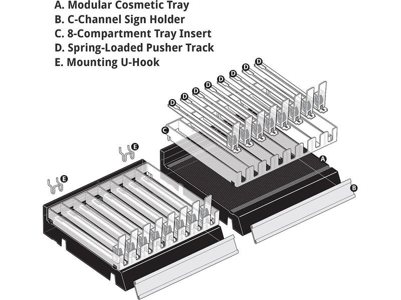 Azar 2.63" x 12" Pegboard 8-Compartment Cosmetic Tray, Black, 2/Pack (225830-8COMP-BLK-2PK)