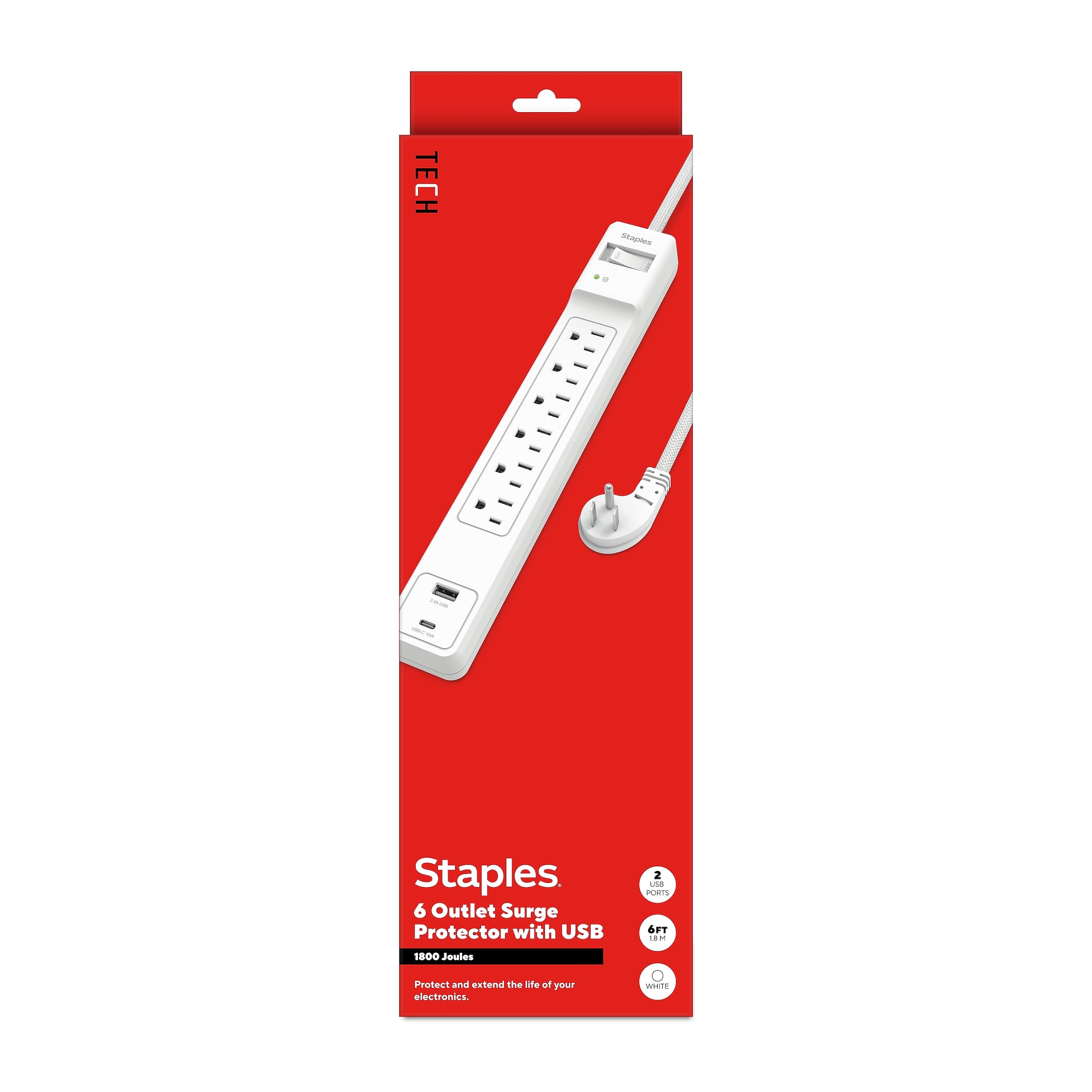 Staples TECH 6-Outlet 2-USB Port Surge Protector, 6', 1800 Joules, White (ST62777)