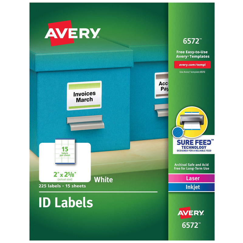 Avery Sure Feed Laser/Inkjet ID Labels, 2" x 2-5/8", White, 225 Labels/Pack (6572)