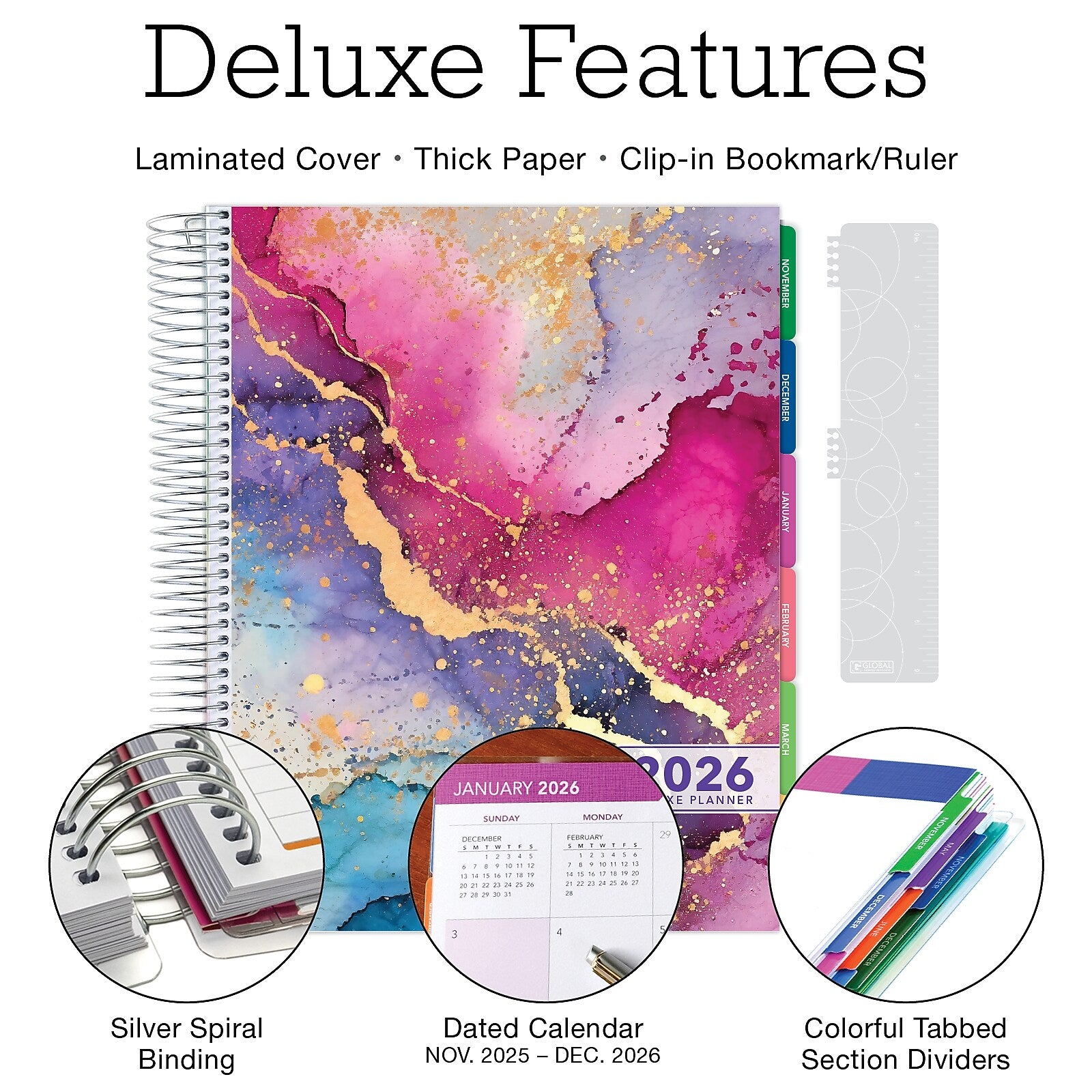 2026 Global Printed Products Rainbow Gold Marble 8.5" x 11" Weekly & Monthly Planner, Paperboard Cover (NRY26-DCY-36)