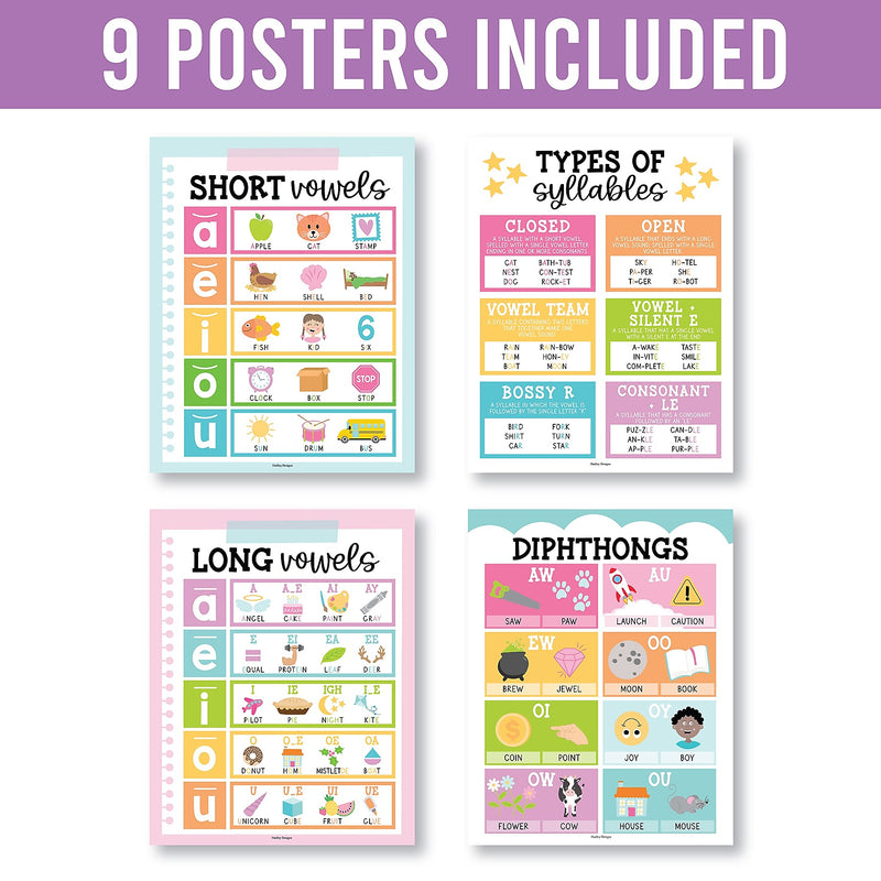 Hadley Designs 11" x 14" Colorful Sound Wall Phonics and Vowels English Posters, 9/Set (HDDX004ACFGFJ)