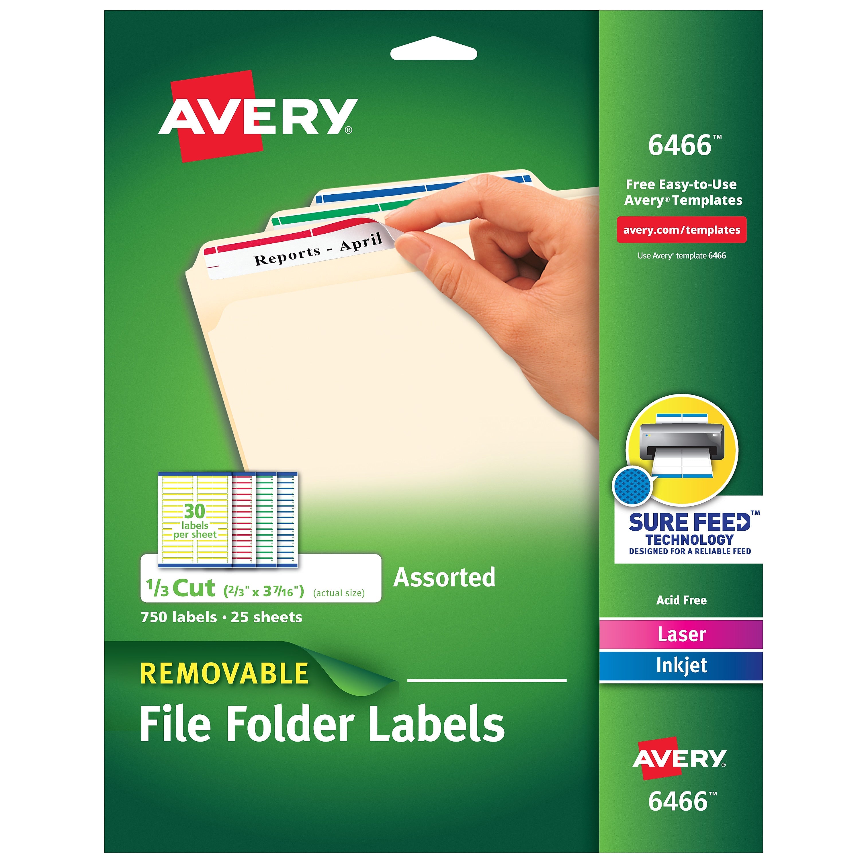 Avery Sure Feed Laser/Inkjet File Folder Labels, 2/3" x 3-7/16", Assorted, 750 Labels/Pack (6466)