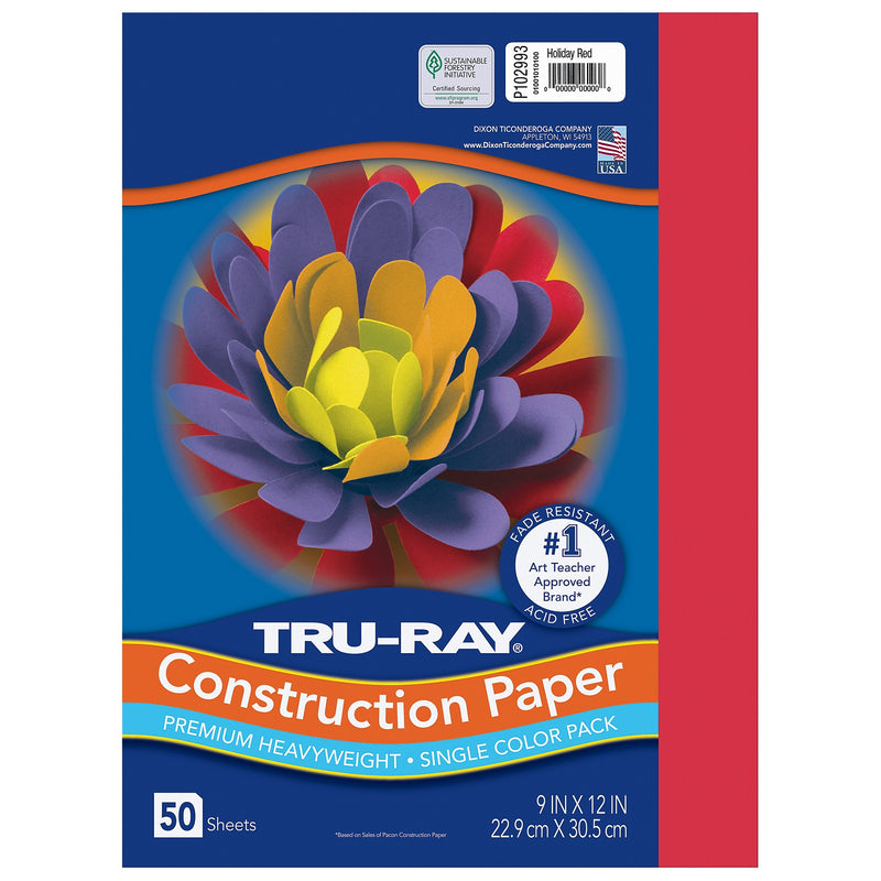 Tru-Ray 9" x 12" Construction Paper, Holiday Red, 50 Sheets/Pack, 5 Packs/Bundle (PAC102993-5)