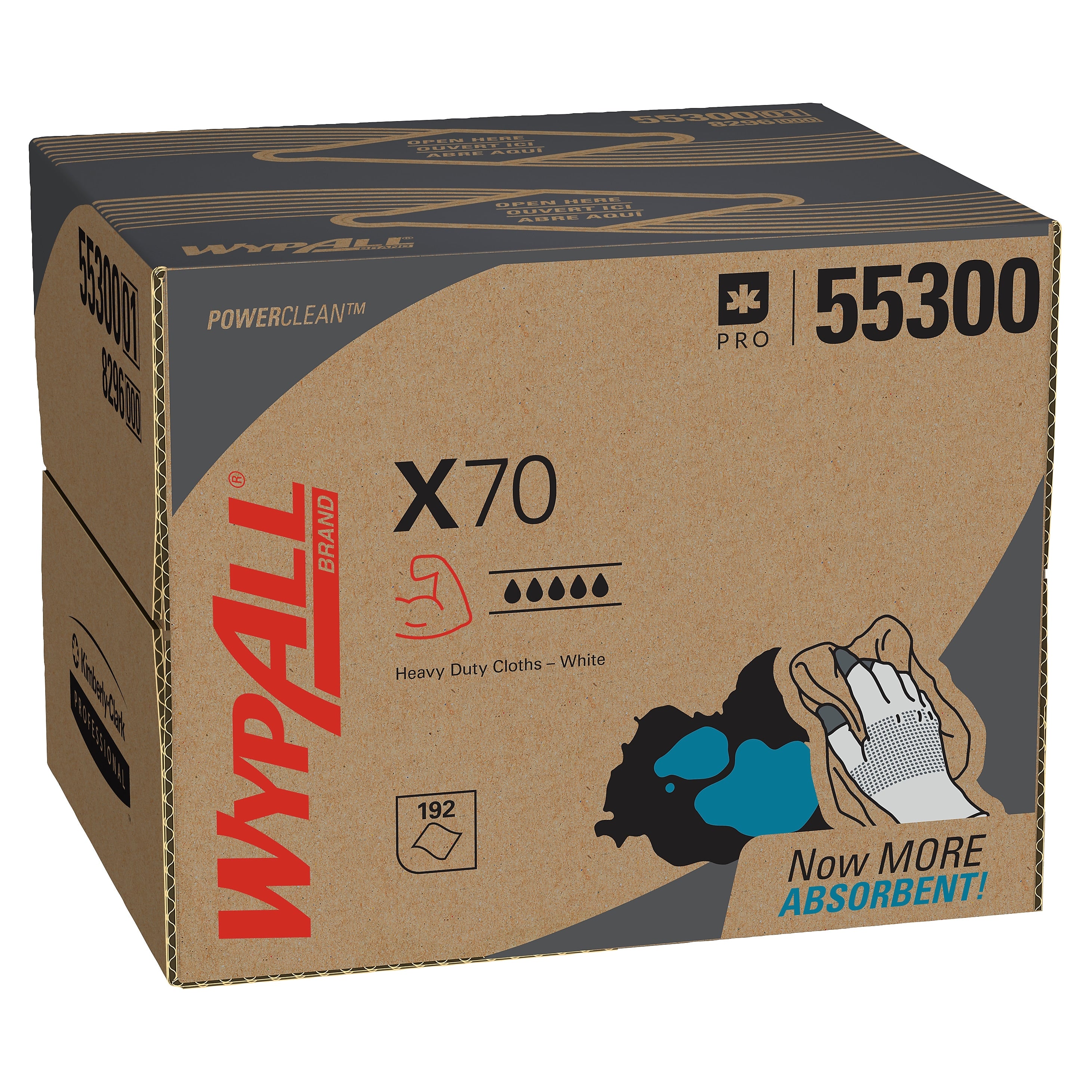 WypAll PowerClean X70 Cloths, 11.1" x 16.8", White, 192 Sheets/Box (55300)
