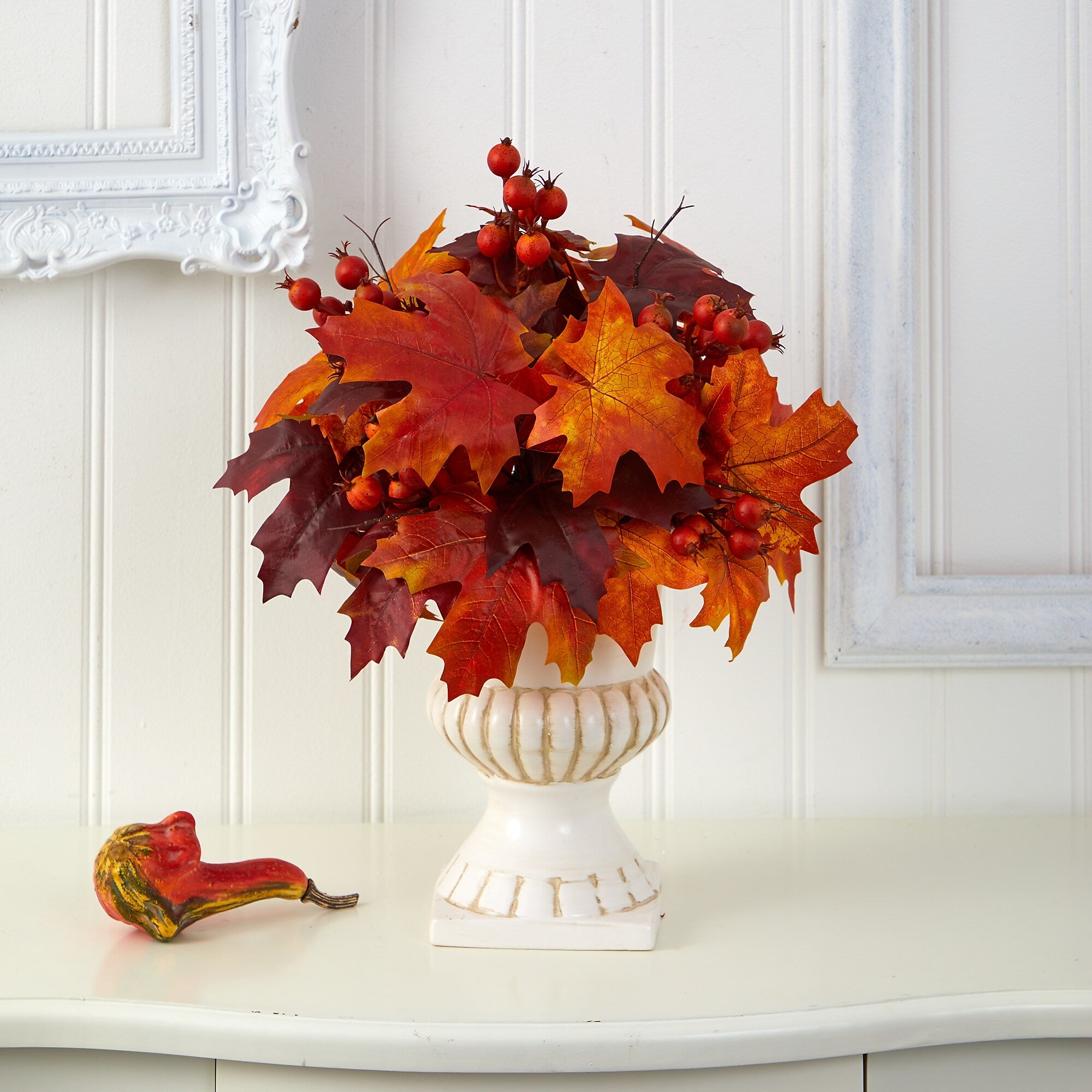 Nearly Natural 20" Autumn Maple Leaf and Berries Artificial Plant in White Urn (P1543)
