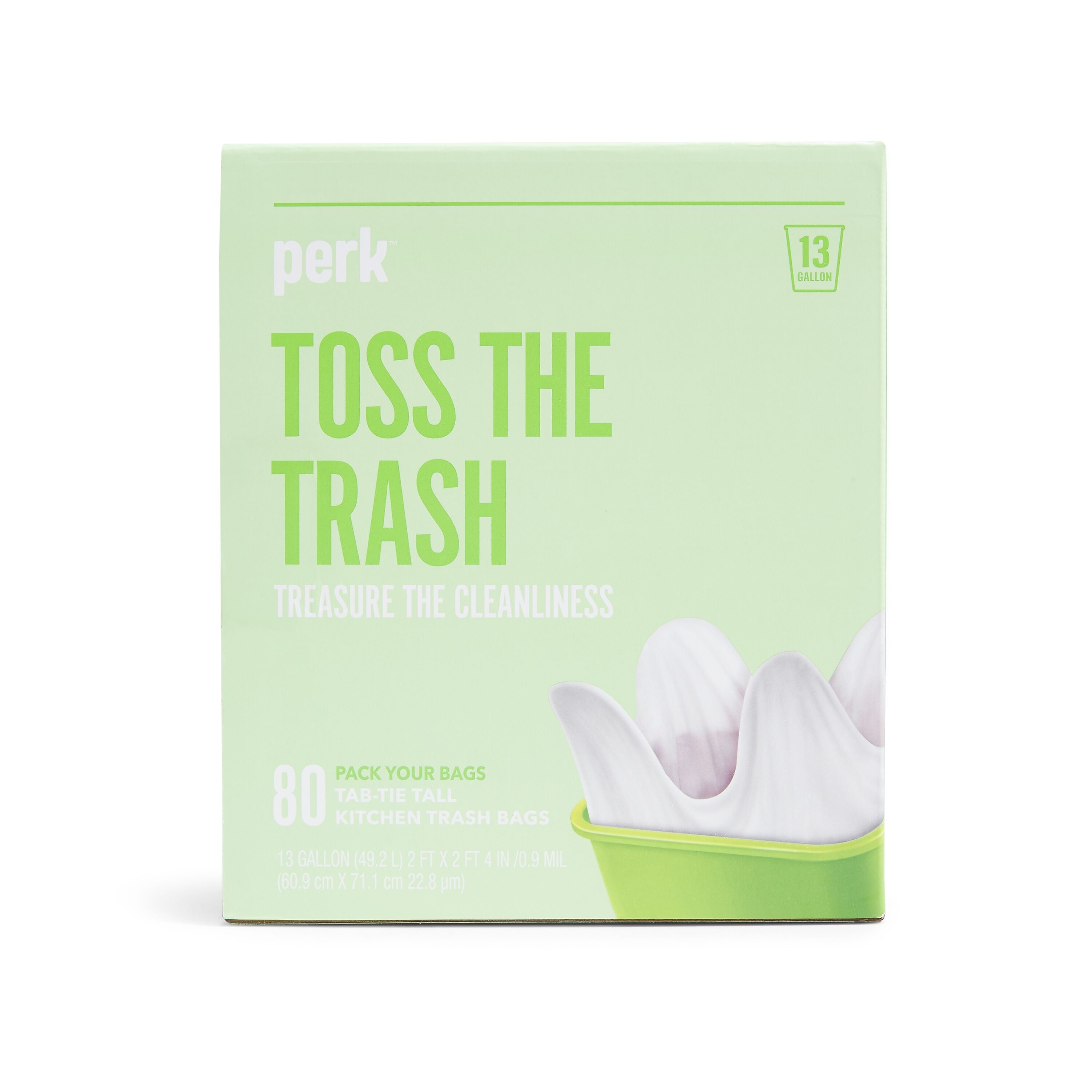 Perk™ 13 Gallon Kitchen Trash Bag, 28" x 24", Low Density, 0.9 mil, White, 80 Bags/Box (PK56749)