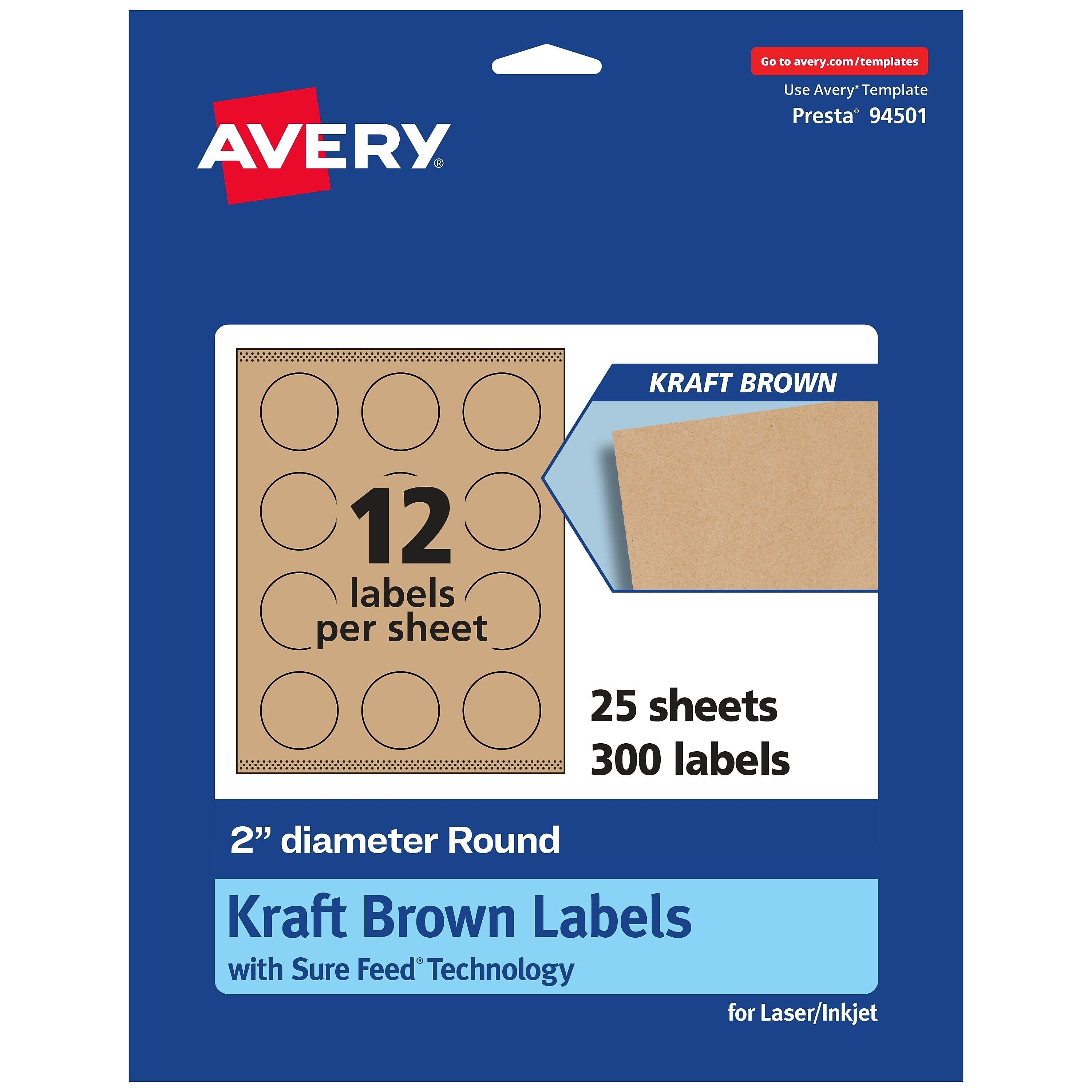 Avery Laser/Inkjet Round Multipurpose Labels, 2" Dia., Kraft Brown, 300 Labels/Pack (94501)