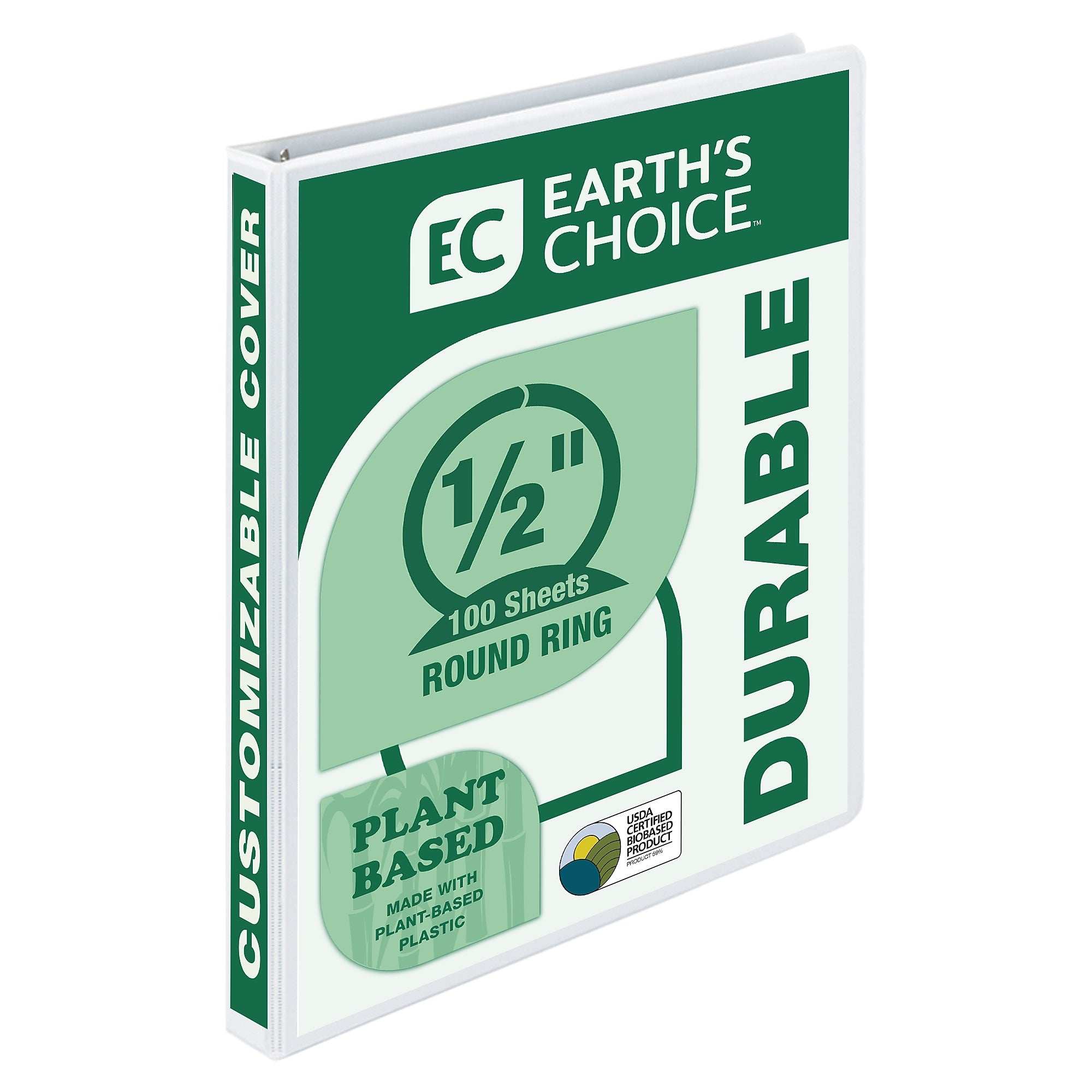 Samsill Earth's Choice Plant-Based  Durable 1/2" View Binder, 3-Ring , Made in USA, White (18917)