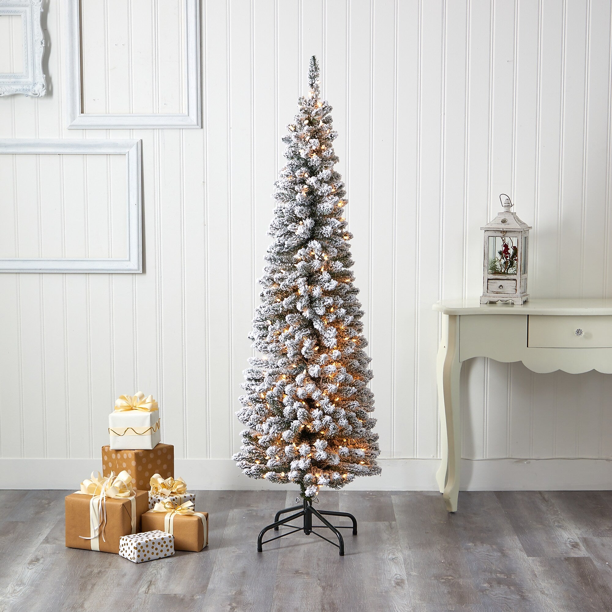 Nearly Natural 6-ft Flocked Pencil Artificial Christmas Tree with 300 Clear Lights and 438 Bendable Branches (T1906)