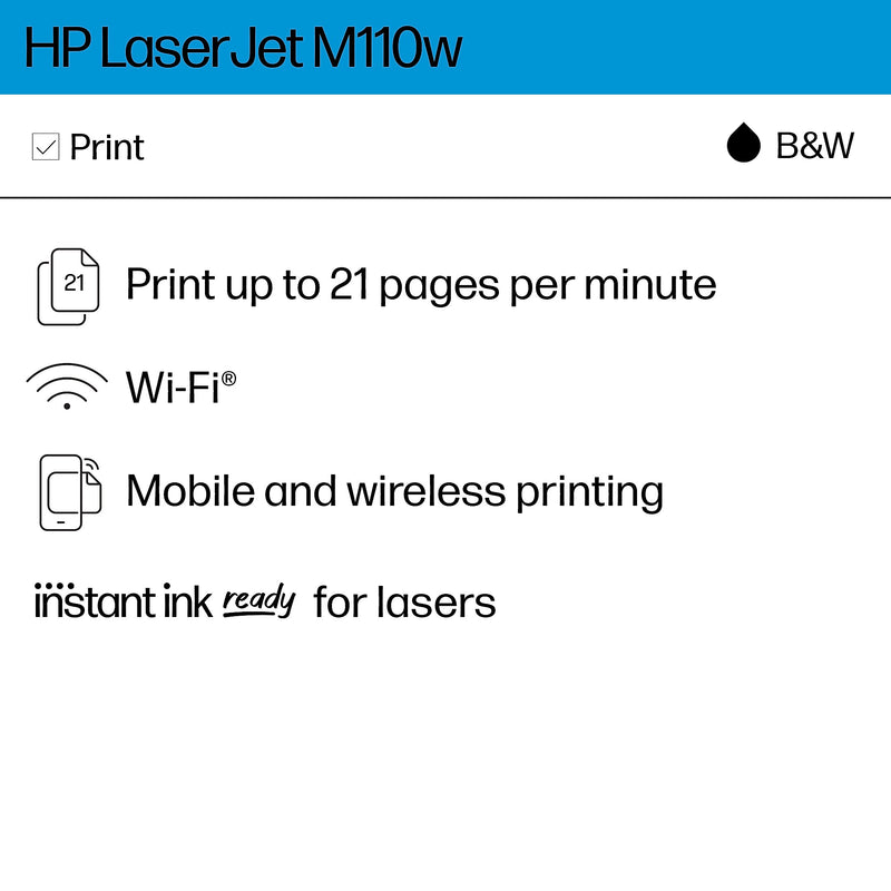 HP LaserJet M110w Wireless Black & White Printer, Print Only, Best for Home Office (7MD66F)