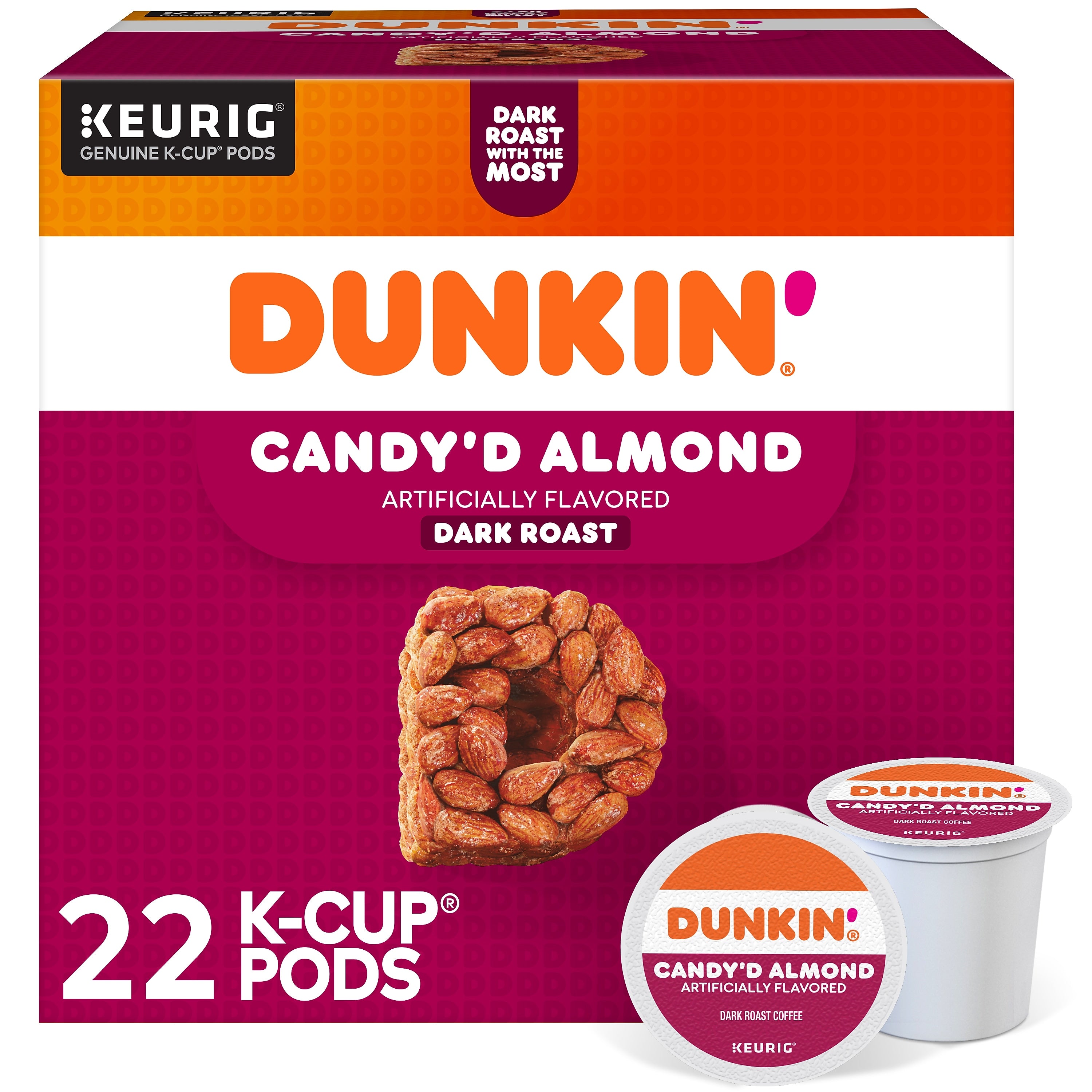Dunkin' Candy'd Almond Coffee Keurig K-Cup Pods, Dark Roast, 22/Carton (5000375651)
