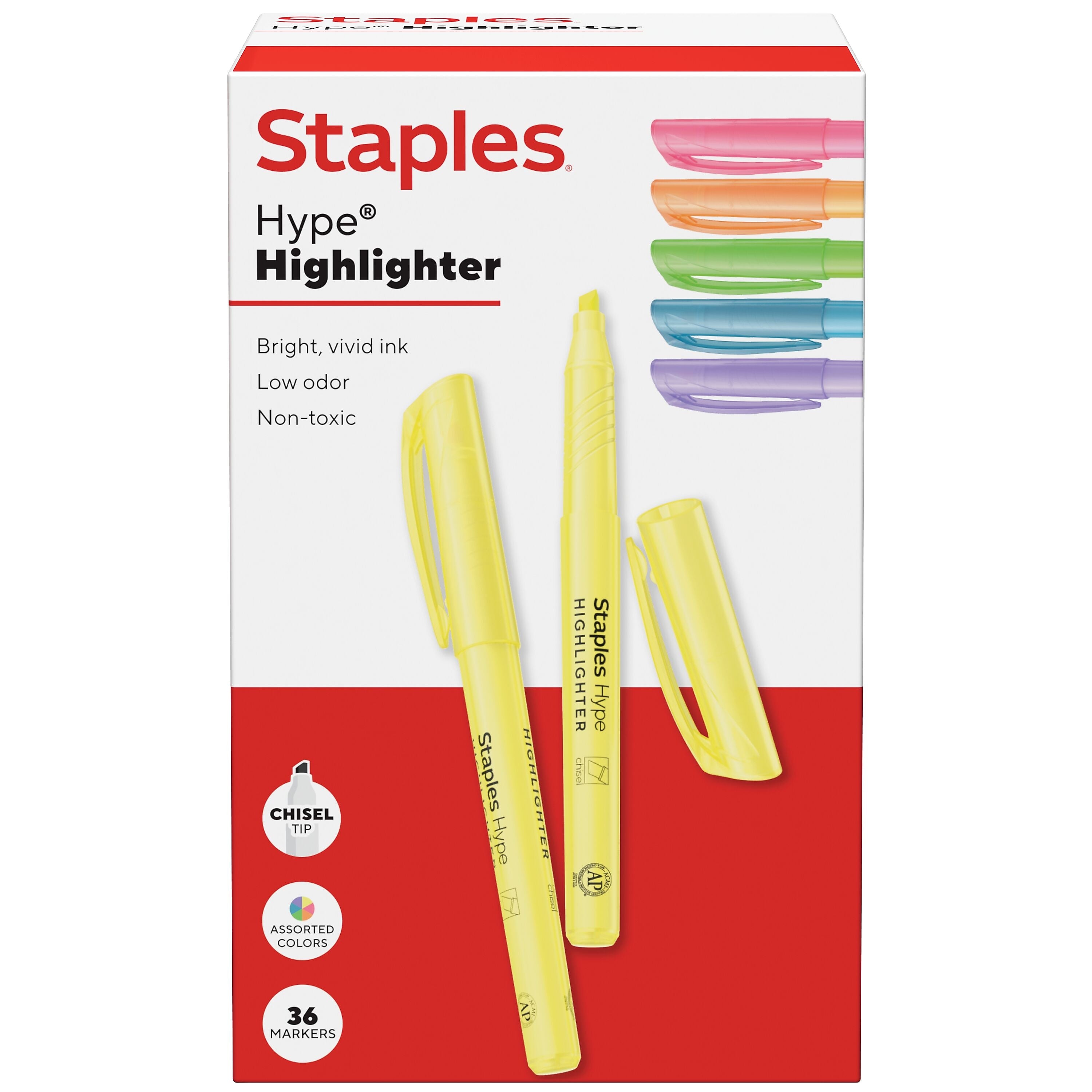 Staples Hype Stick Highlighter, Chisel Tip, Assorted, 36/Pack (ST62945)