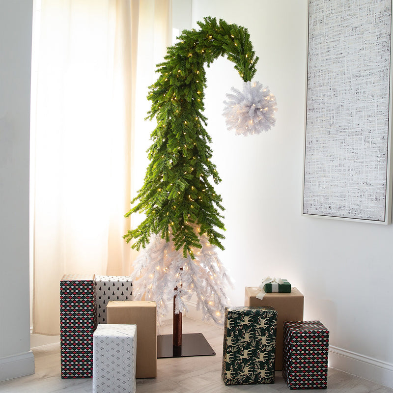 Nearly Natural 7-ft Holiday Green & White Santa’s Hat Christmas Tree with 500 LED lights and 1275 Bendable Branches (T4697)