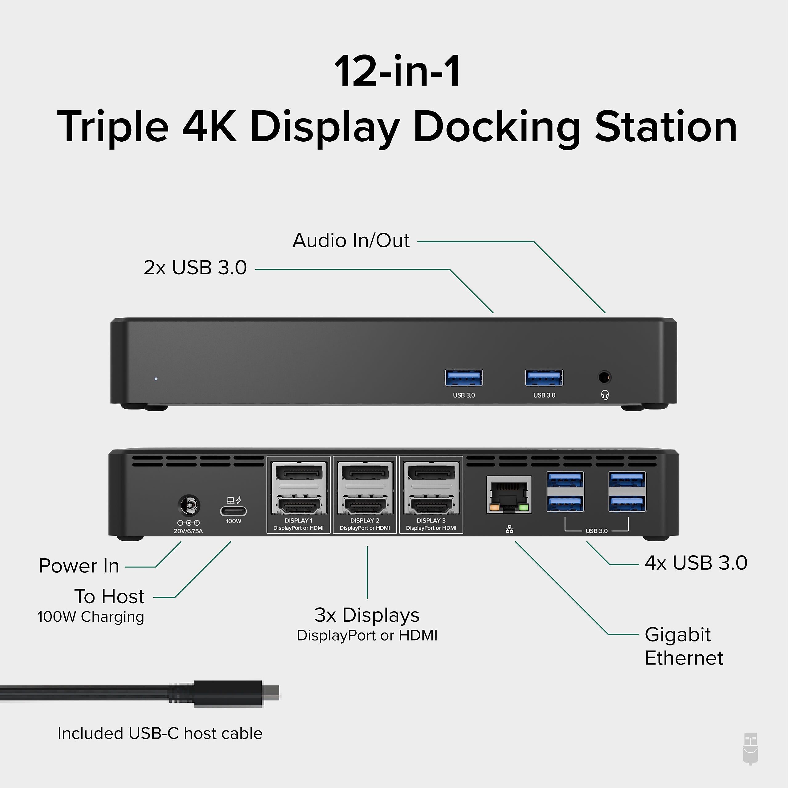 Plugable USB-C Triple 4K HDMI and DisplayPort Display Docking Station (UD-6950PDZ)