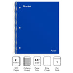 Staples Premium 2-Subject Notebook, 8.5" x 11", College Ruled, 120 Sheets, Blue (TR58311)