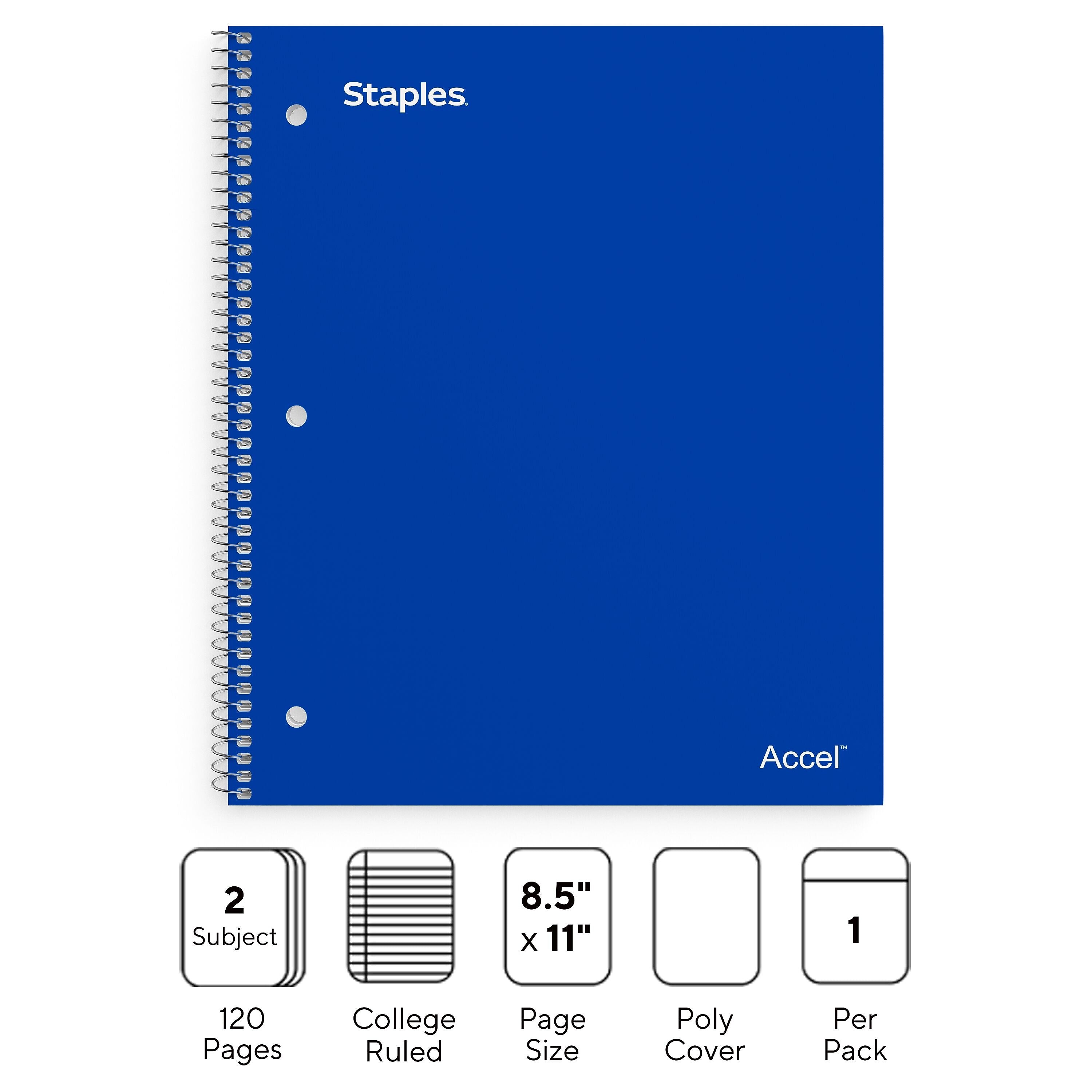 Staples Premium 2-Subject Notebook, 8.5" x 11", College Ruled, 120 Sheets, Blue (TR58311)