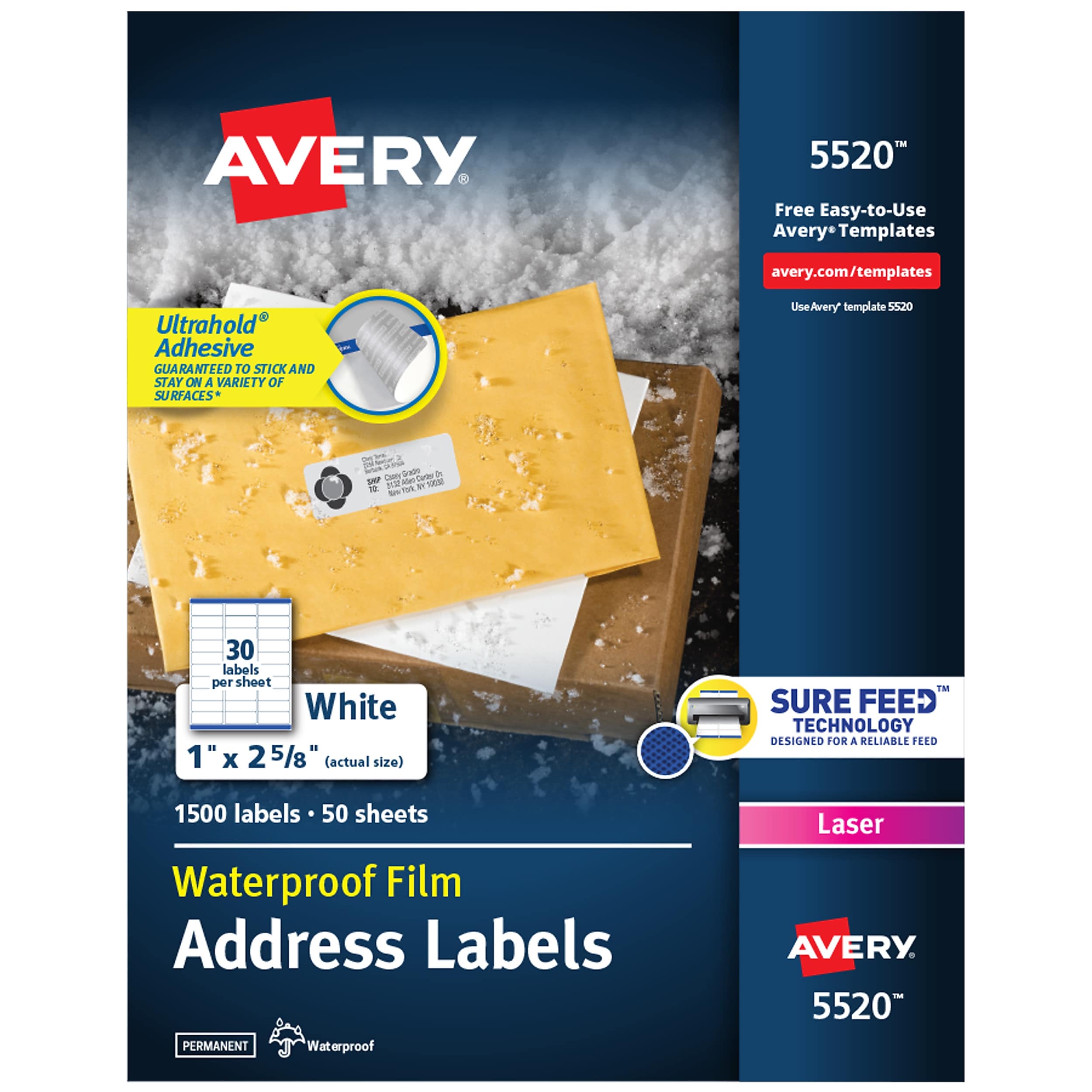 Avery Waterproof Laser Address Labels, 1" x 2-5/8", Matte White, 1,500 Labels/Box (5520)
