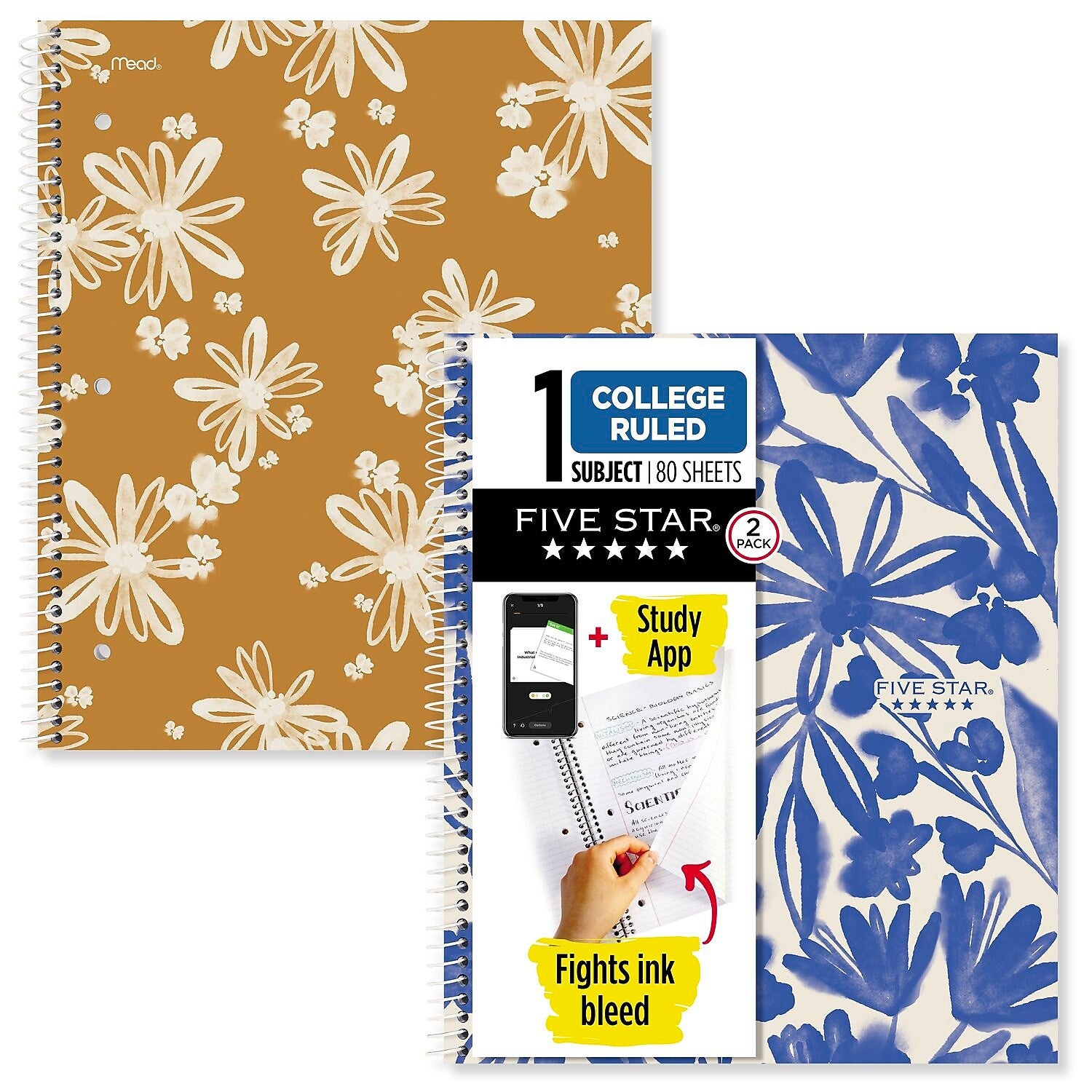 Five Star Soft Petals 1-Subject Notebooks, 8.5" x 11", College-Ruled, 80 Sheets, Assorted Colors, 2/Pack (820331)