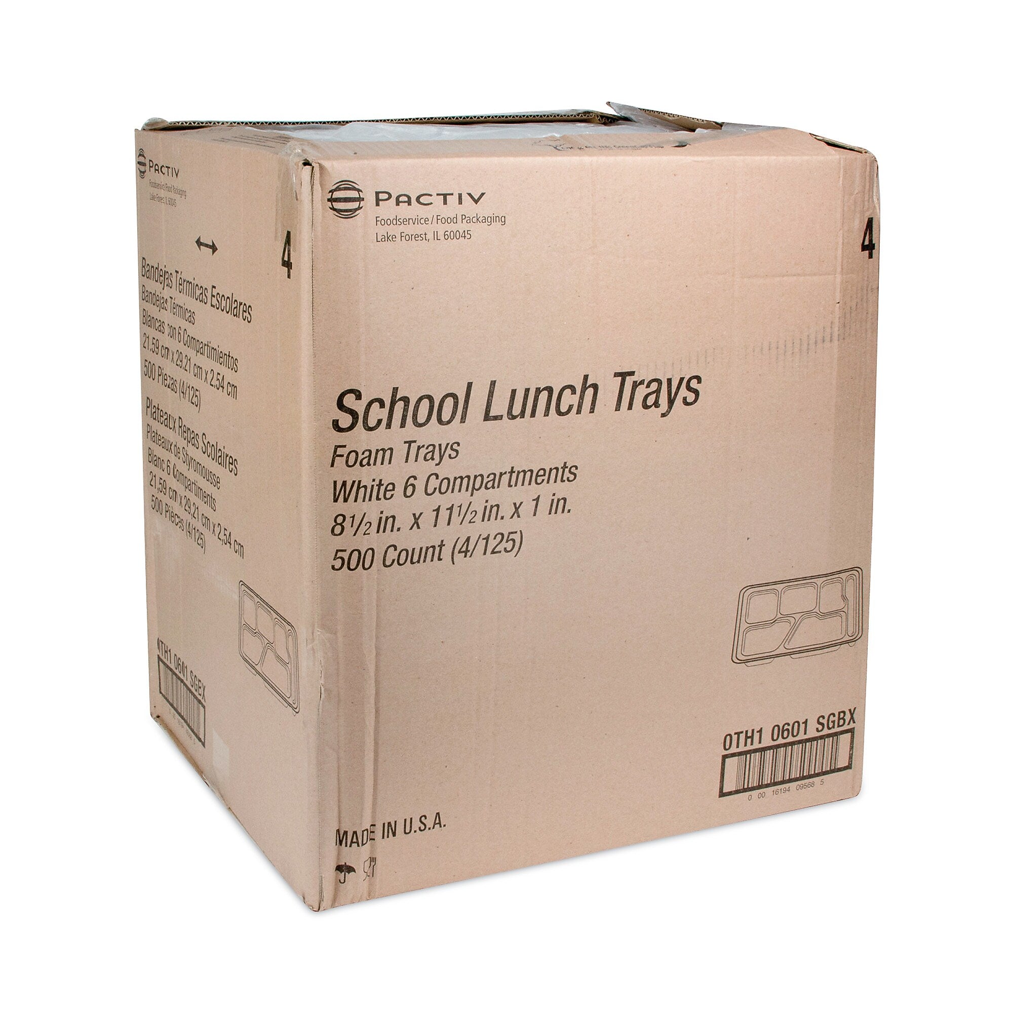 Pactiv 6-Compartment School Lunch Trays, Foam, White, 500/Carton (0TH10601SGBX)